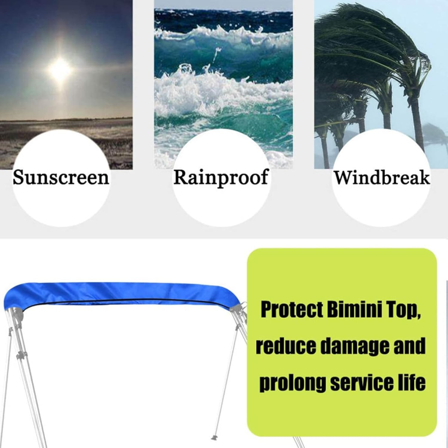Marine Grade Bimini Boat Canopy - Heavy Duty Oxford Cover, Waterproof Console Shelter | UV Resistant Weatherproof Sunshade Protection, 3 Bow Roof Shade System with Rustproof Frame Mount for All Season image number 5