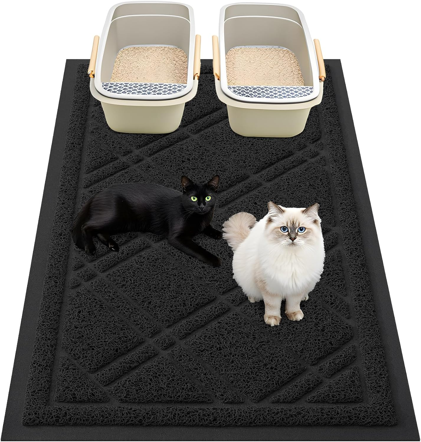 Smiry Cat Litter Box Mat 30X17, Non-Slip Water Resistant Litter Trapping Mat, Easy Clean Less Waste and Urine-Locking Cat Carpet for Indoor, Black