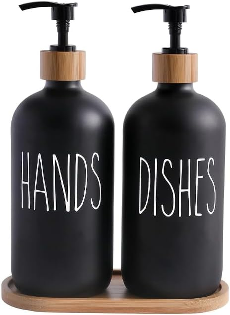 Glass Soap Dispenser Set, Contains Hand Soap and Dish Soap Dispenser. Glass Dish Soap Dispenser. Suitable for Kitchen Decor (Black & Black)