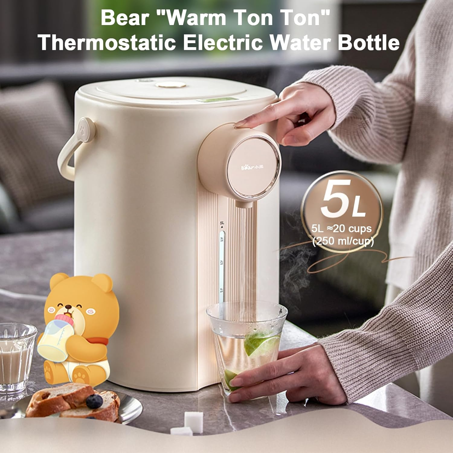 Bear 5L Electric Hot Water Urn Dispenser, 1350W Hot Water Dispenser with Stainless Steel Inner Wall & Lid, Adjustable 11 Temperatures Water Boiler for Tea, Coffee and Baby Formula(With English Manual) image number 3