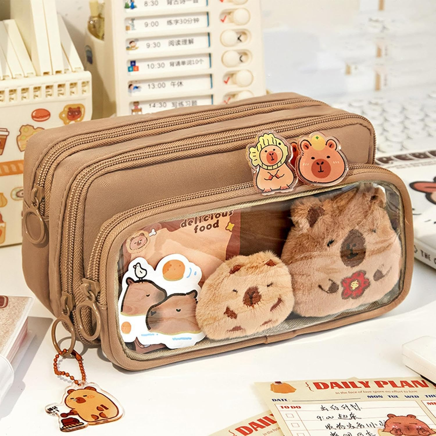 Cute Capybara Pencil Case, Pen Bag Capybara with 10 Compartments, Large Capacity Multi-Layer Clear Pencil Pouch with Brooch, Stickers, Pendant, and Memo Pad, Brown, Mass image number 3