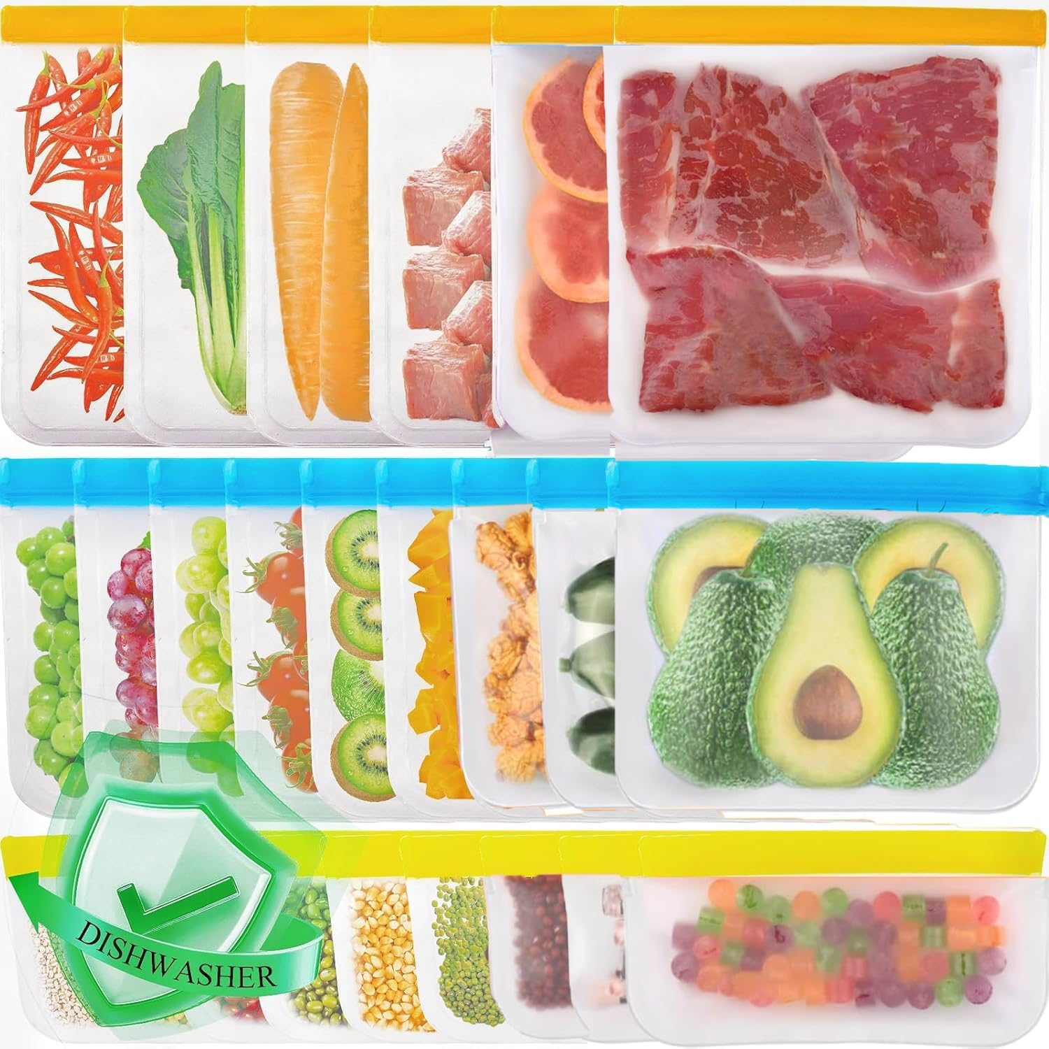 24 PCS Silicone Food Storage Bags,Reusable Freezer Bags, for Kitchen Storage Organisation, Ziplock Bag,Thicken Silicone Food Storage Bags, Vegetable Lunch Meat Food Sub-Bag, Dishwasher Safe image number 3