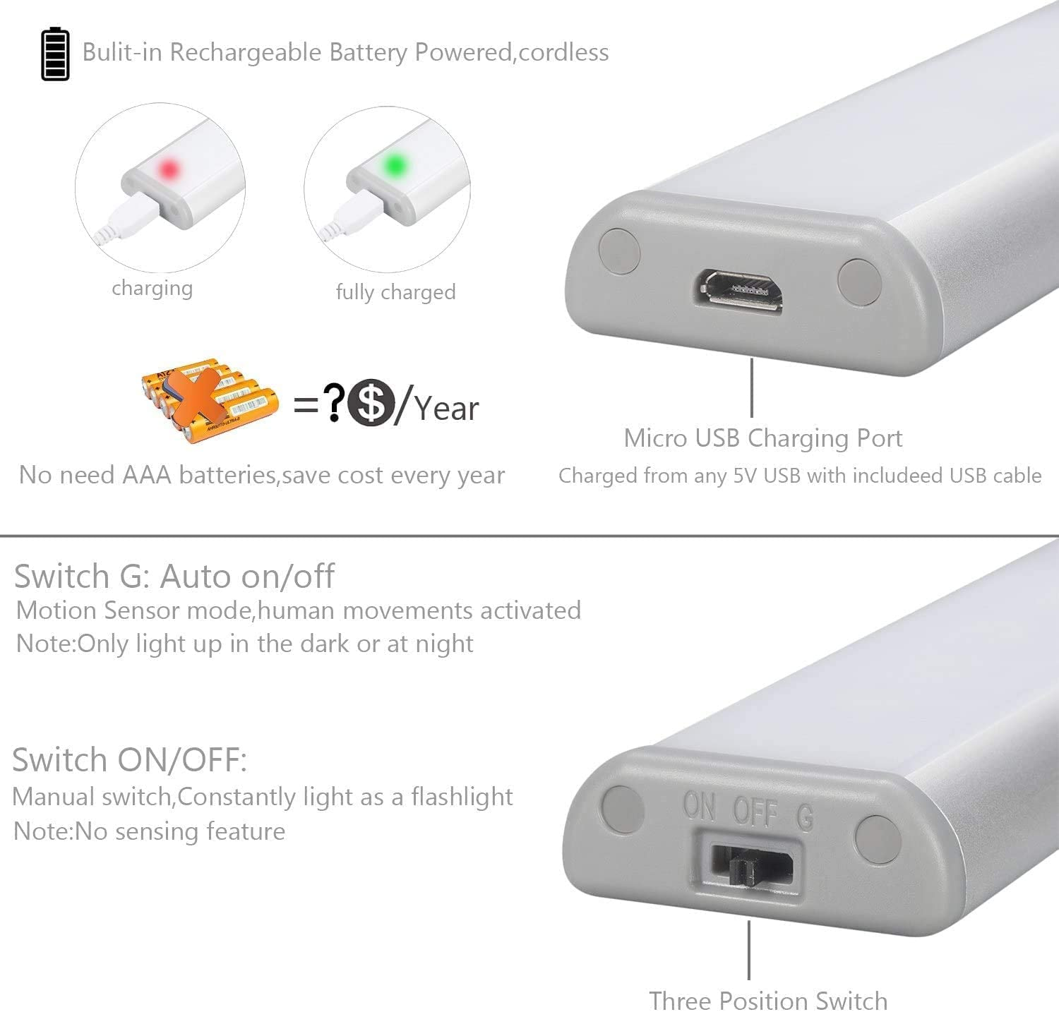 Moston 3 Pack Upgraded USB Rechargeable 10 LED Magnetic Motion Sensor Night Light,Dusk to Dawn Photocell,Auto On/Off.Portable,Cordless,Stick-On Anywhere for Cabinet,Closet,Wardrobe(Silver) image number 1