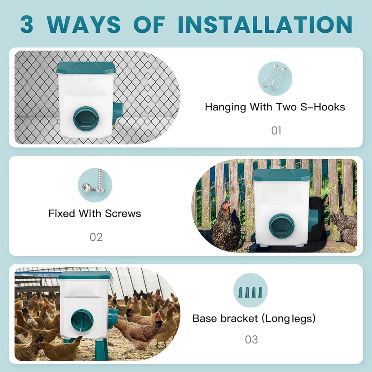 CLOUDSEASON Large Capacity Chicken Feeder and Waterer Set 12KG Auto Chicken Feeders and 11L Poultry Waterers Outdoor Chicken Water Feeder with Detachable Legs & Rain Hood (Green-12Kg+11L Set) image number 5
