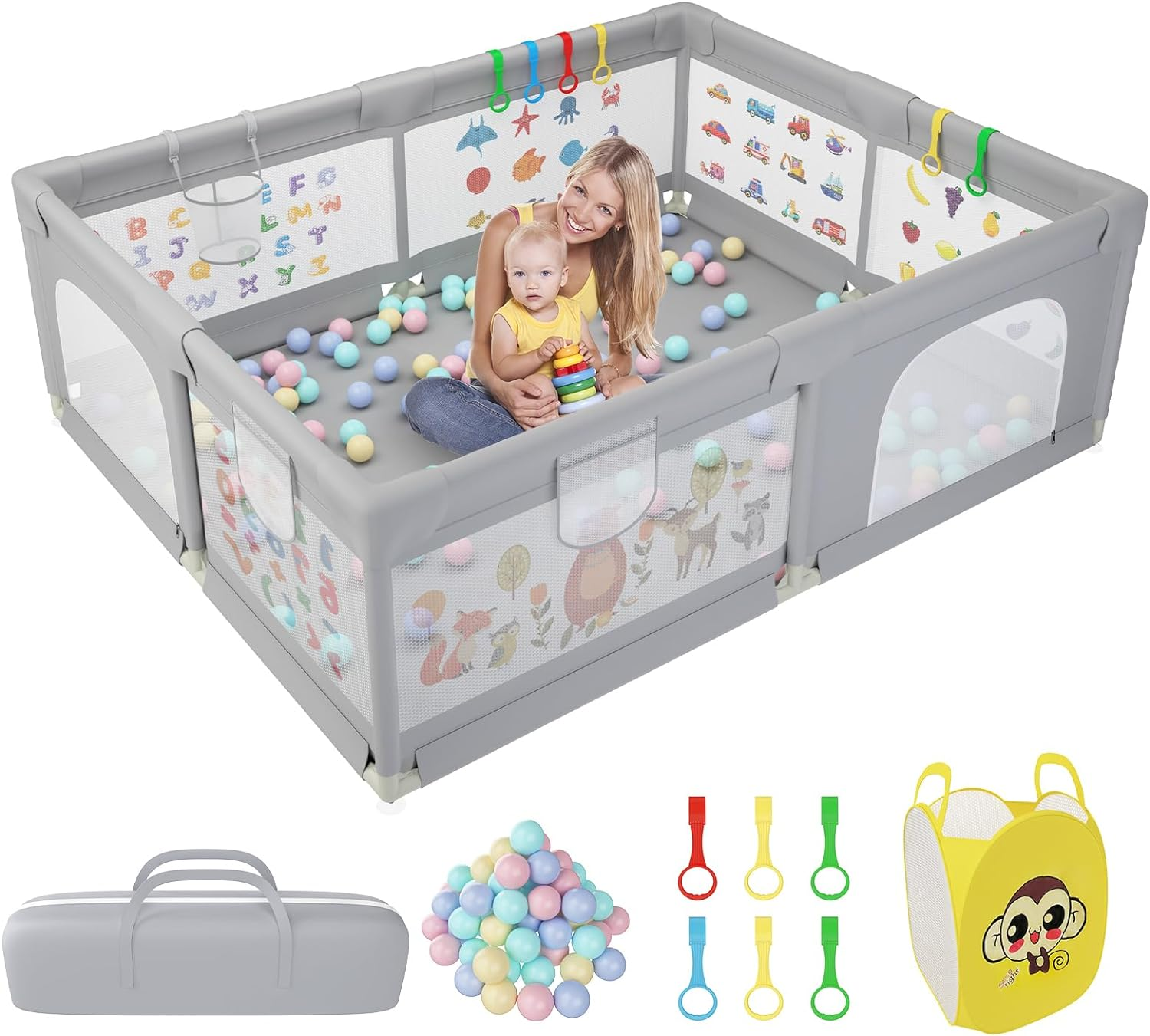 Baby Playpen 200 X 160 Cm, Extra-Large Non-Slip Playpens with Patterns, 50 Ocean Balls, 6 Pull Rings, Balls Storage Basket, Durable Zippered Door, Storage Bag for Outdoor Use (Beige)