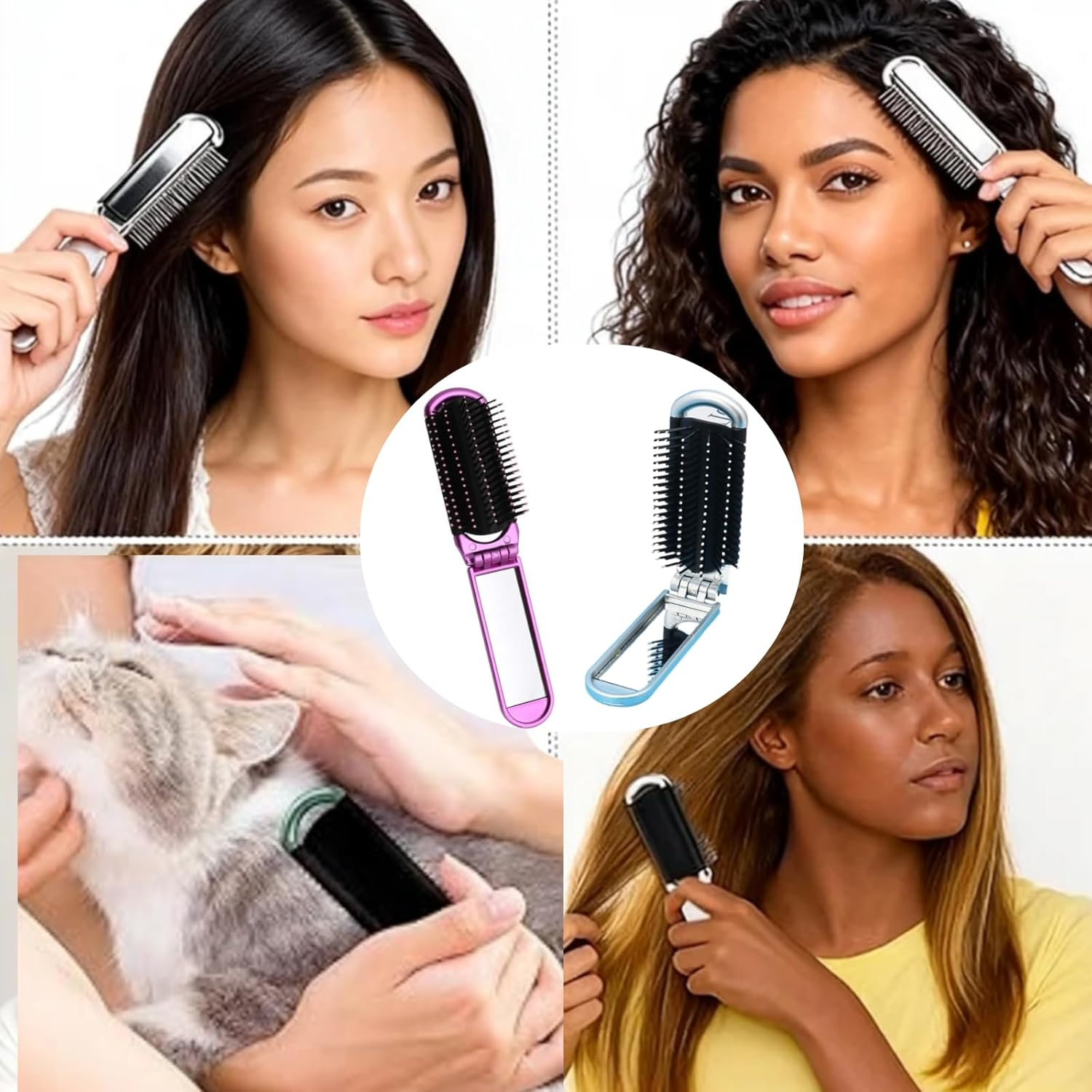 2 PCS Folding Travel Hairbrush Set,With Mirror,Portable Mini Compact,For Family Bag,Anti-Static,Massage Comb Hair Styling Tools for Travel Gym Purse (Purple, Silver) image number 1