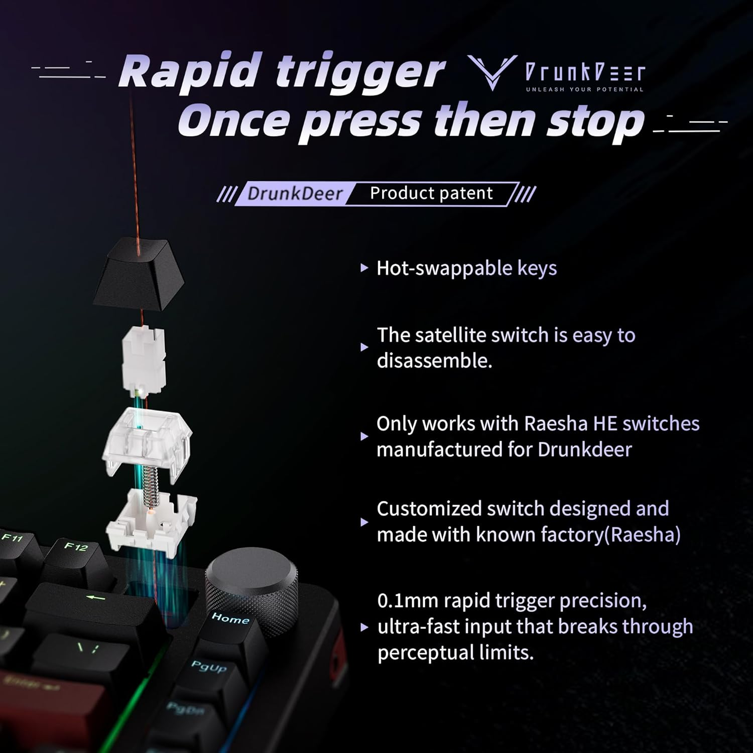 Drunkdeer A75 Pro Magnetic Switch Keyboard Rapid Trigger Mechanical Gaming Keyboard Adjustable Actuation Hall Switches PBT Keycap RGB Compact TKL 82Keys USB Wired with Knob image number 5