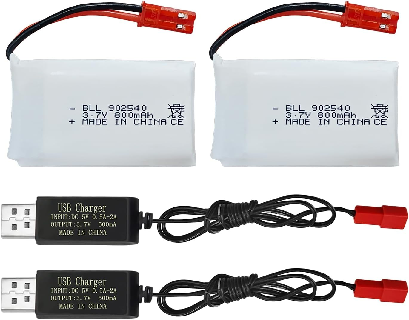 2PCS 3.7V 800Mah Lipo Battery Remote Control Drone Battery with USB Charger JST Plug Suitable for SYMA X56W MJX X400W X300C X800 HS110 HS200 S670 V950Hd S1750 V2450 RC Quadcopter Battery image number 1