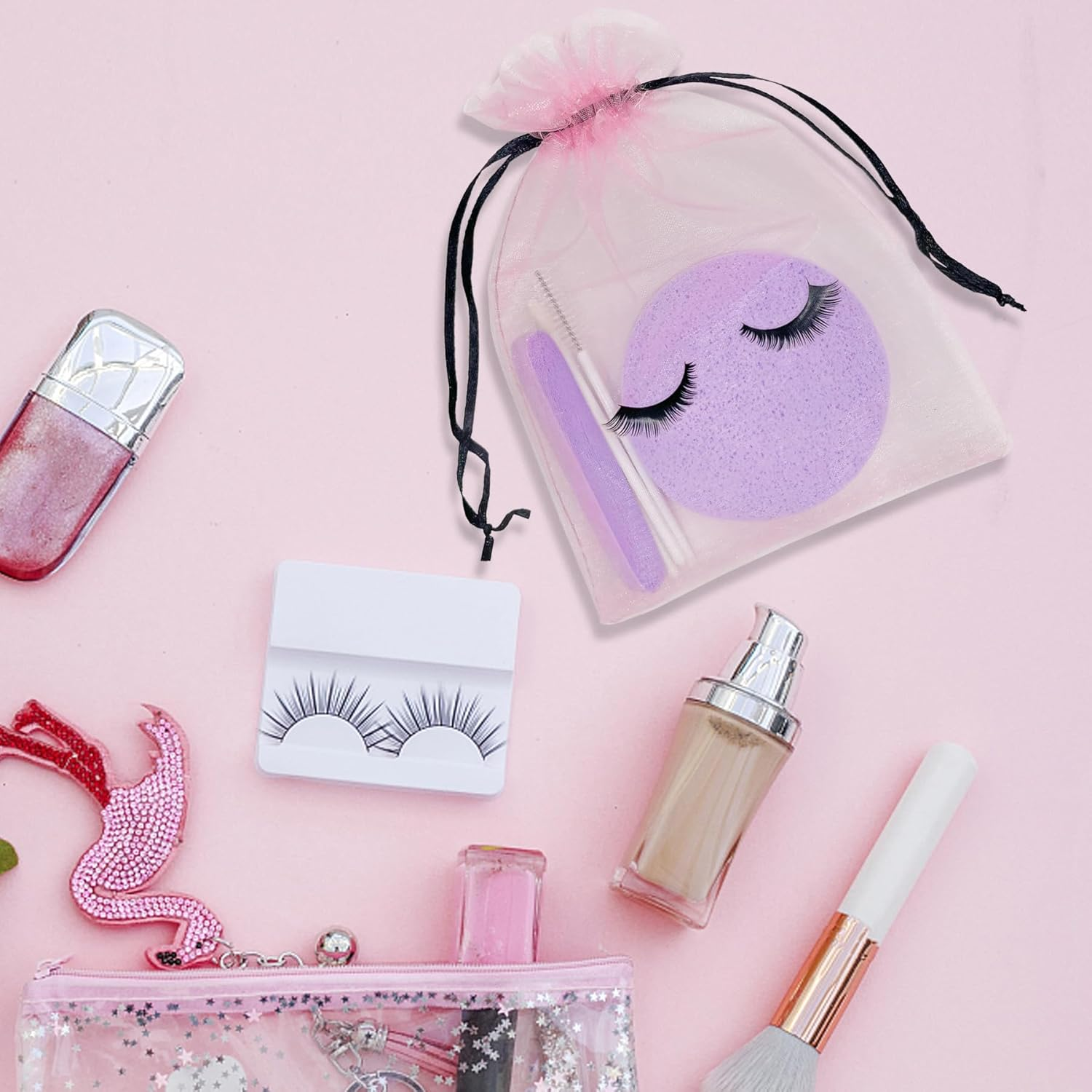 Jexila 100 Pack Pink Lash Bags for Clients Eyelash Aftercare Lash Extension Kit Bags Pink Mesh Makeup Bag with Drawstring Cosmetic Organza Gift Bag for Small Business Supplies image number 6
