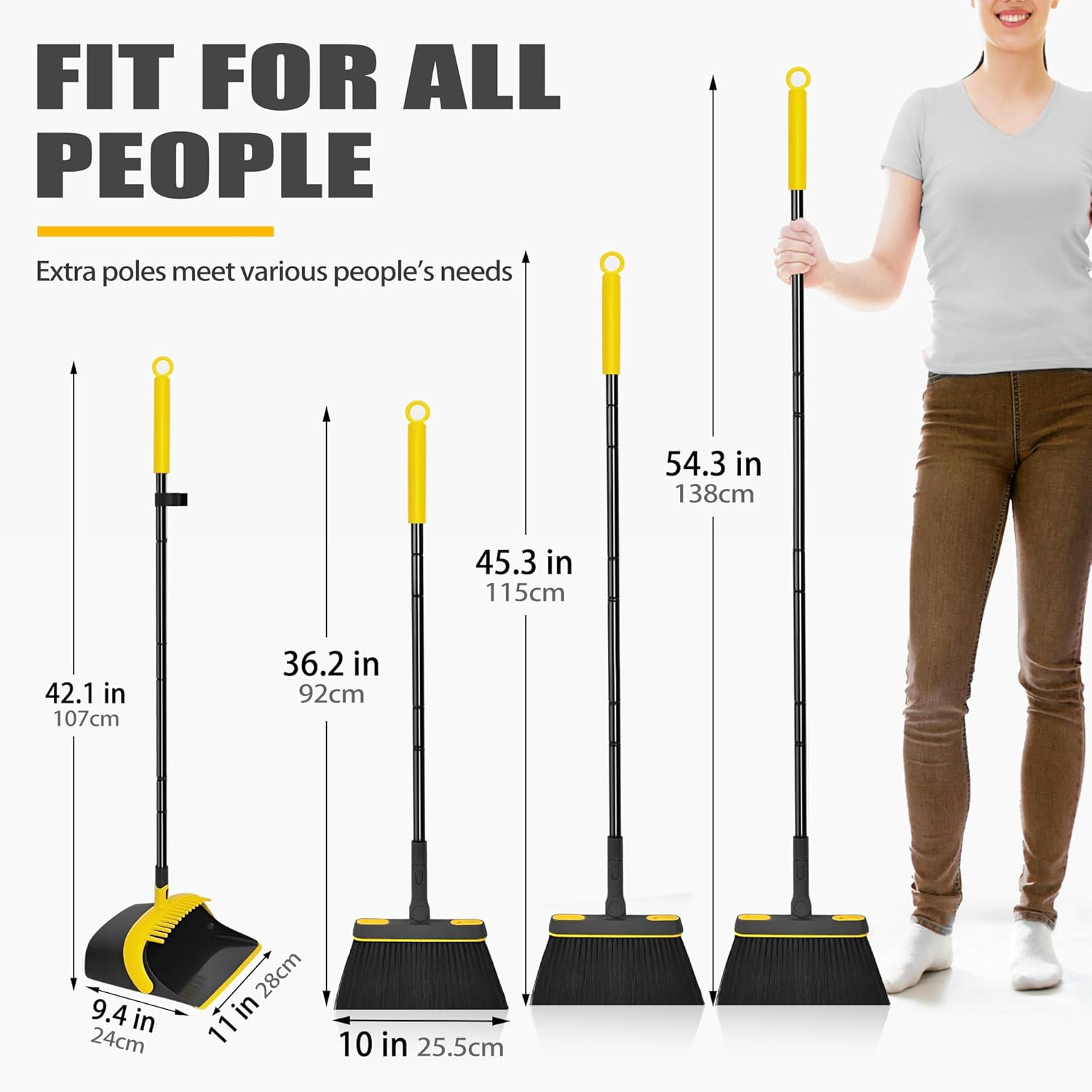 JEHONN Broom and Dust Pan, 138 Cm Long Handle Swivel Brush, Upright Foldable Dustpan with Comb Teeth for Home Kitchen Lobby Indoor Floor Cleaning (Black & Yellow) image number 5
