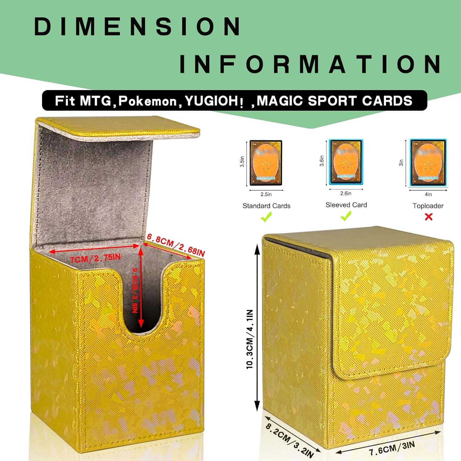 Dmoicols Sparkly Card Deck Box Holds 100+ Single Sleeved Cards,Leather Card Storage Case,Mtg Commander Deck Box with 2 Dividers Fit TCG CCG Magic Cards Vertical (Sparkly Yellow Piece) image number 4