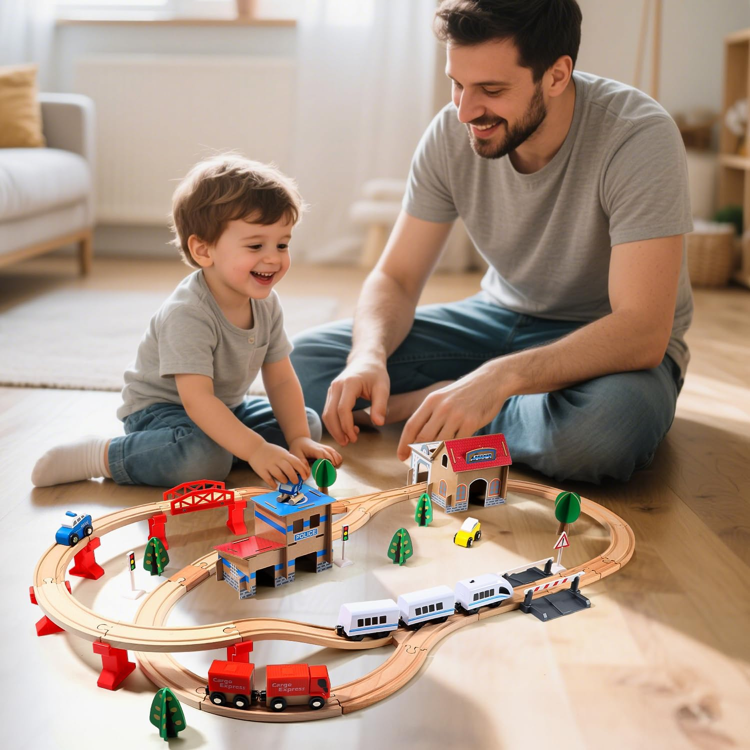 HOLYFUN Electric Wooden Train Toy Set for Toddlers, 88 PCS Train Track Toys with Cars & Accessories, Railway Set for 3 4 5 Years Old Kids, Boys and Girls image number 6