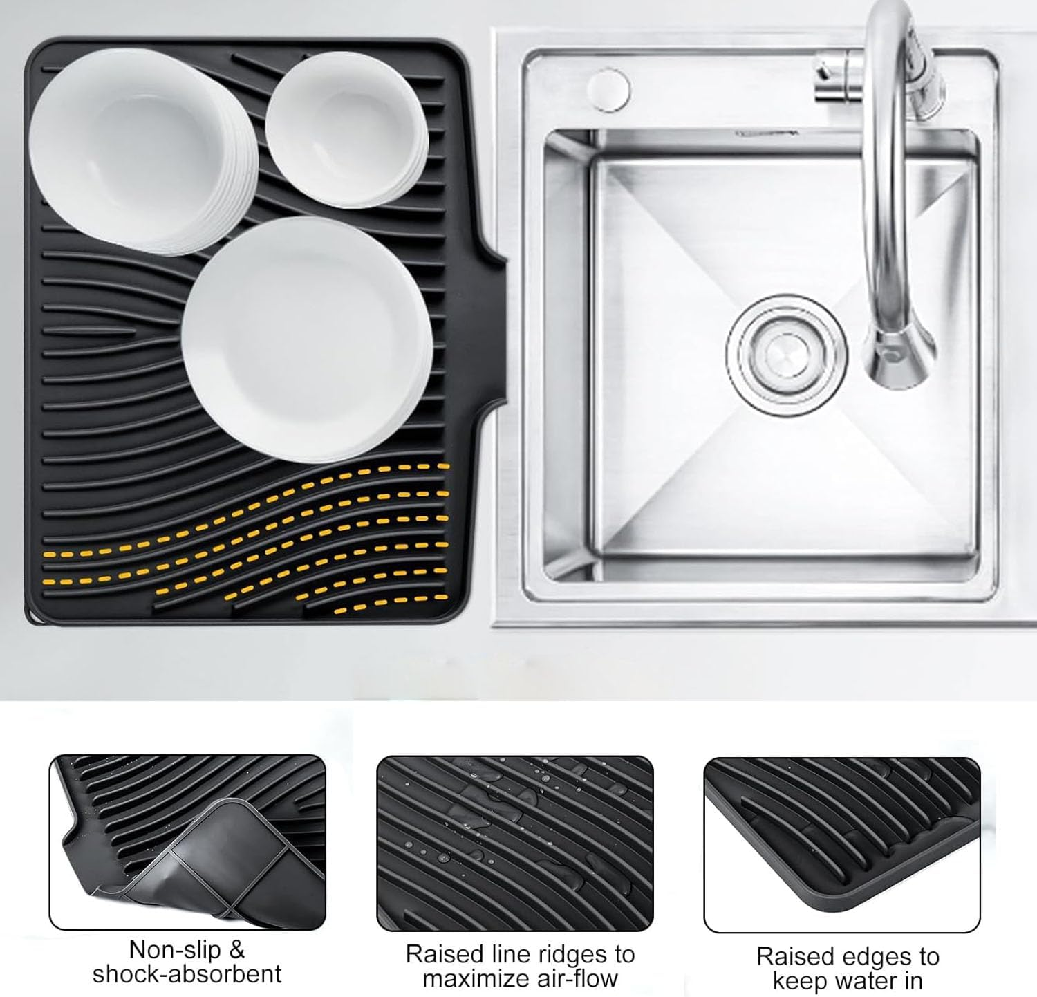 Premium Silicone Dish Drying Mat for Kitchen Sink | Non-Slip Drainage Pad with Integrated Water Channels | Heat-Resistant Stone Texture | Protects Countertops | 40X33Cm (Black) image number 1