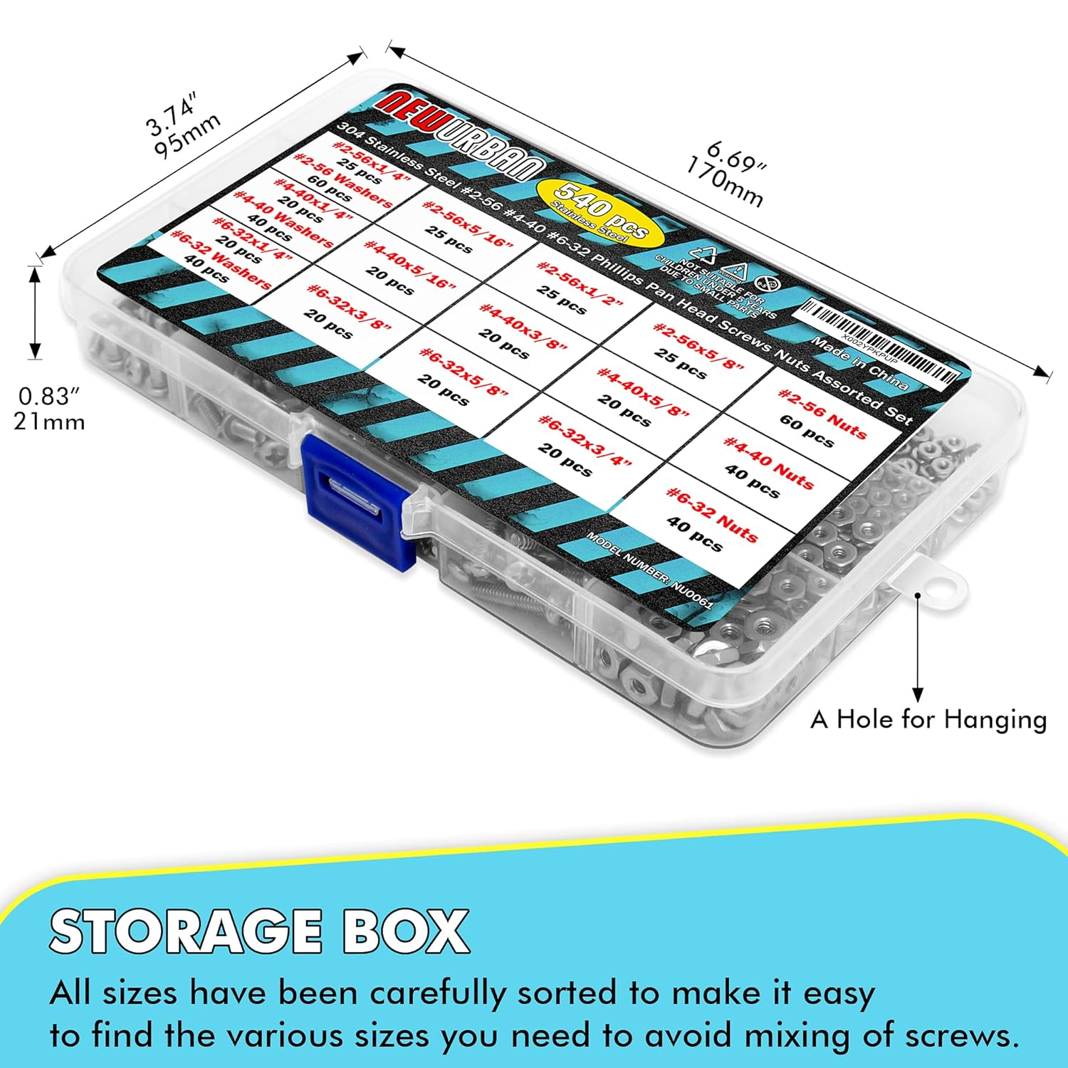 NEWURBAN - 540 Pcs #2-56#4-40#6-32 Phillips Pan Head Screws Bolt Nut Flat Washers 304 Stainless Steel image number 5