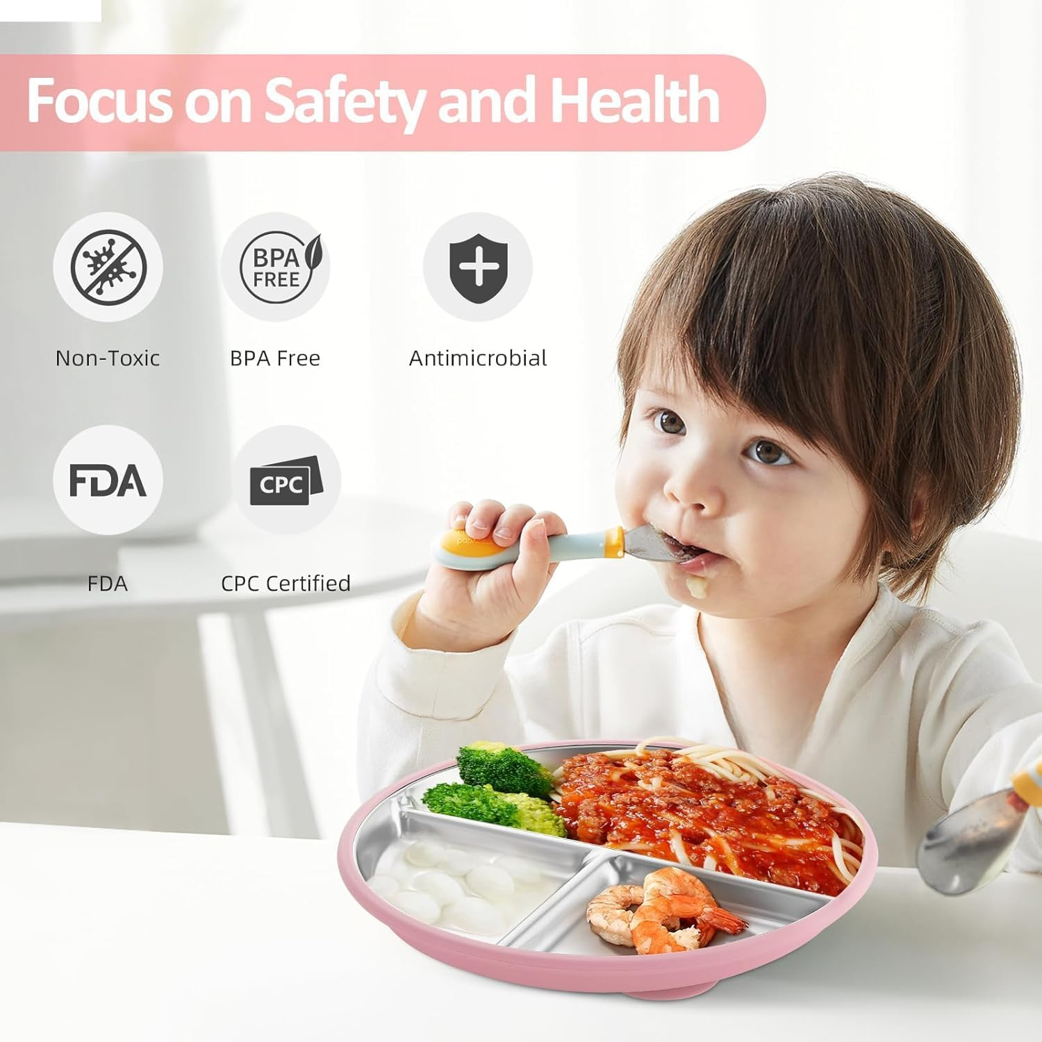 Stainless Steel Suction Plates for Toddlers, 9" Divided Kids Baby Plates with Removable Silicone Suction, Non Toxic Non Slip Portion Control Snack Dishes 4 Packs, Blue Beige Pink image number 6