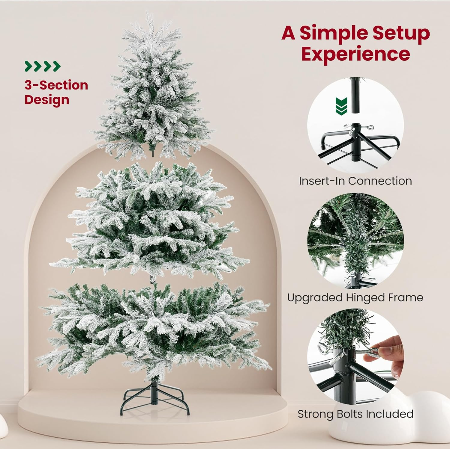 Costway 1.8M Artificial Flocked Christmas Tree with 1022 PE PVC Branch Tips & a Pair of Gloves & 350 Warm White LED Lights, Pre-Lit Hinged Xmas Decor Tree for Home, Office & Carnival, Easy Setup image number 6