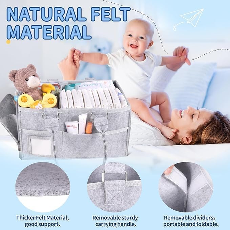 LEHEGONGBA Diaper Caddy Organizer Large Size 38X26X18Cm Baby Nappy Caddy Premium Leather Handles Multi Pocket Grey Nursery Storage Portable Baby Essentials Tote Bag
