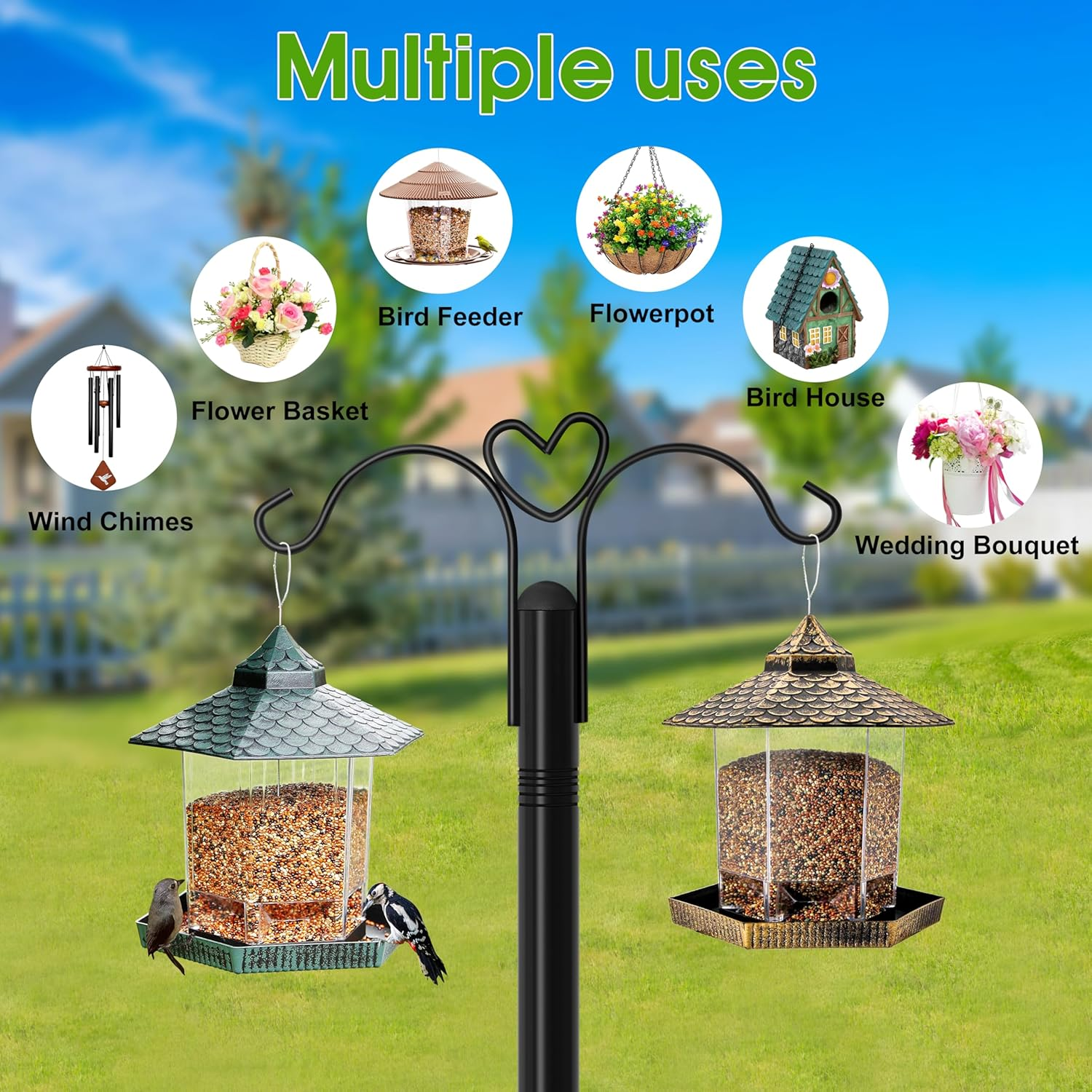 Double Shepherds Hooks for Outdoor, 2-Pack Heavy Duty Garden Pole for Hanging Bird Feeder, Plant Baskets, Solar Light Lanterns, Garden Plant Hanger Stands with 5 Base Prongs (76 Inch, Style E)