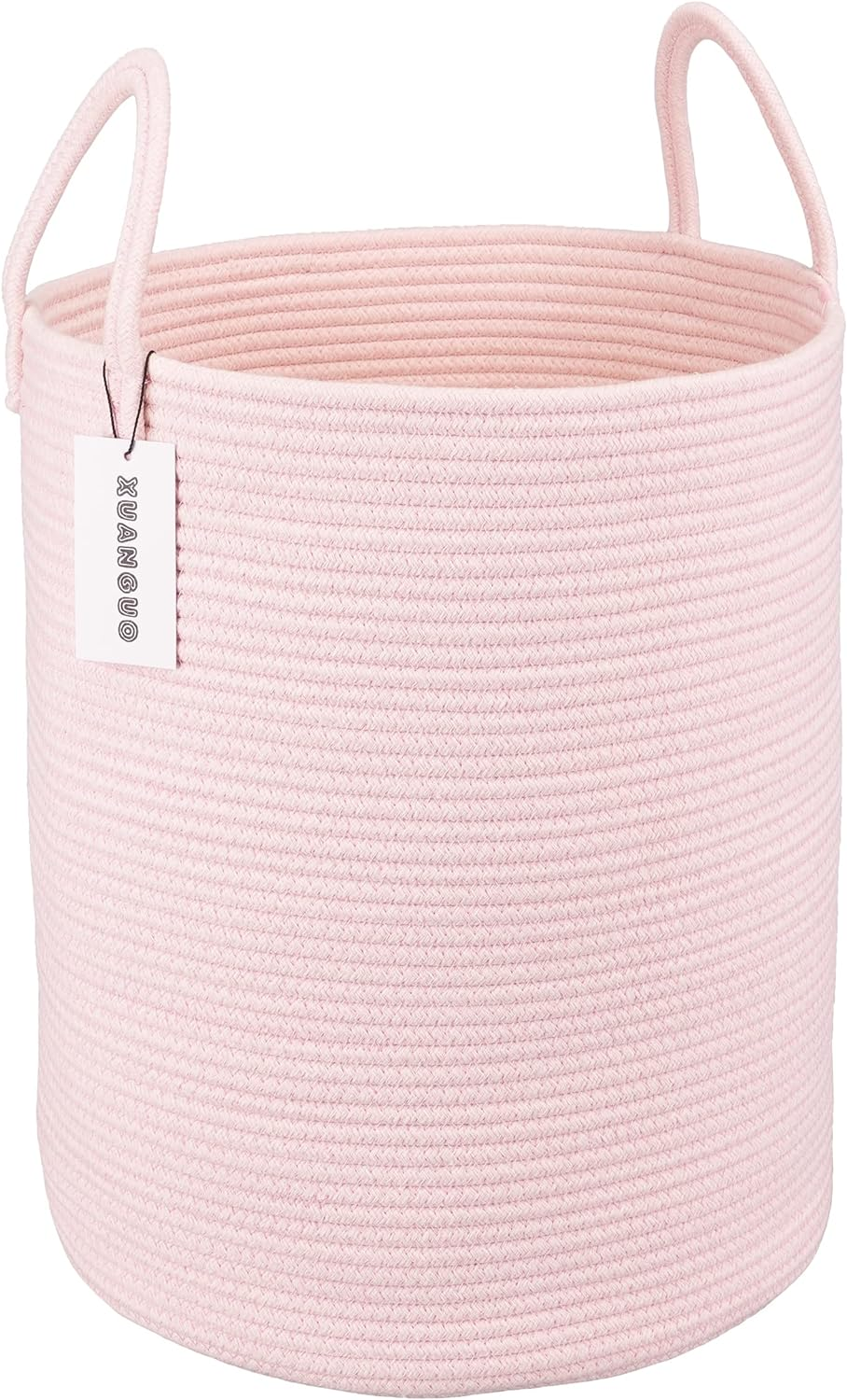 XUANGUO Cotton Rope Laundry Basket Hamper for Girls Kids Baby Nursery Hamper Bin Woven Storage Basket for Living Room Girls Room Boho Tall Rope Baskets for Blanket Toys Large Light Pink - Black image number 3