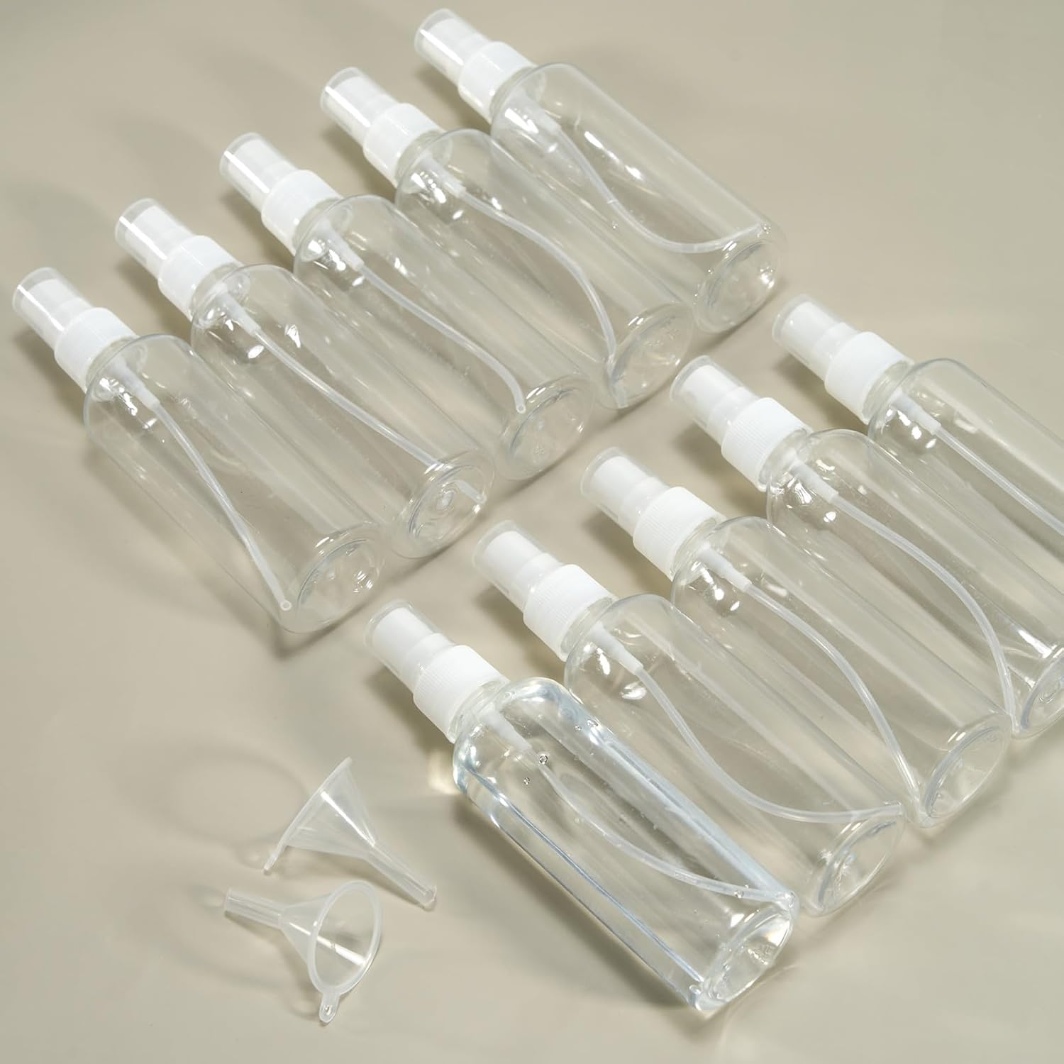 Pack of 10 Small Spray Bottles, 100 Ml, Atomiser Spray Bottles, Empty with 2 Funnels & Label, Atomiser Spray Bottle, Pump Bottle, Empty, Plastic Perfume Atomiser - for Air Travel or Outdoor Sports image number 6