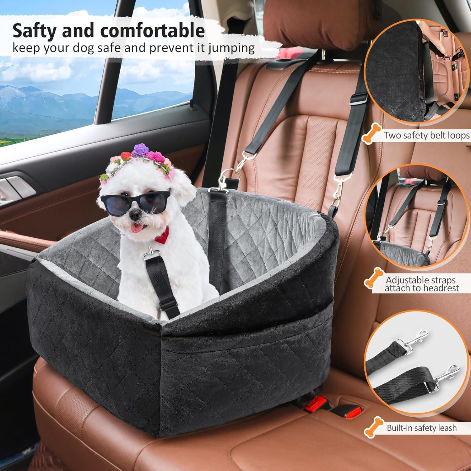 Dog Car Seat for Small Dogs,Detachable Washable Dog Booster Seat under 30Lbs, Pet Car Seat Travel Bed with Storage Pockets and Dog Safety Belt (Black&Gray, Small) image number 5