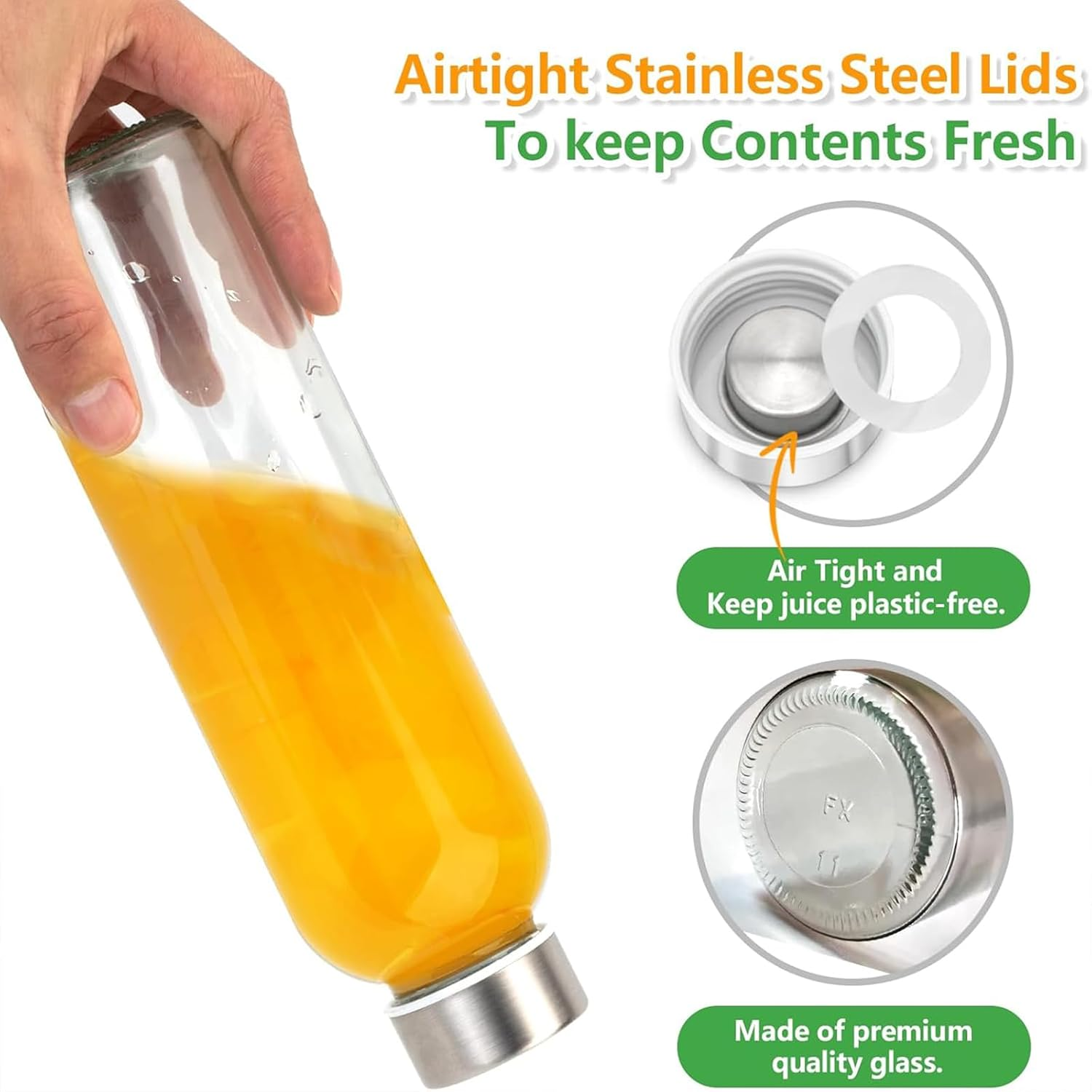 Glass Water Bottle - Reusable with Cleaning Brush,6Pcs 18Oz BPA Free, Leak Proof Drinking Juice Bottles with Stainless Steel Lid - Clear Glass Water Bottle for Home, Office, Gym & Outdoors image number 4