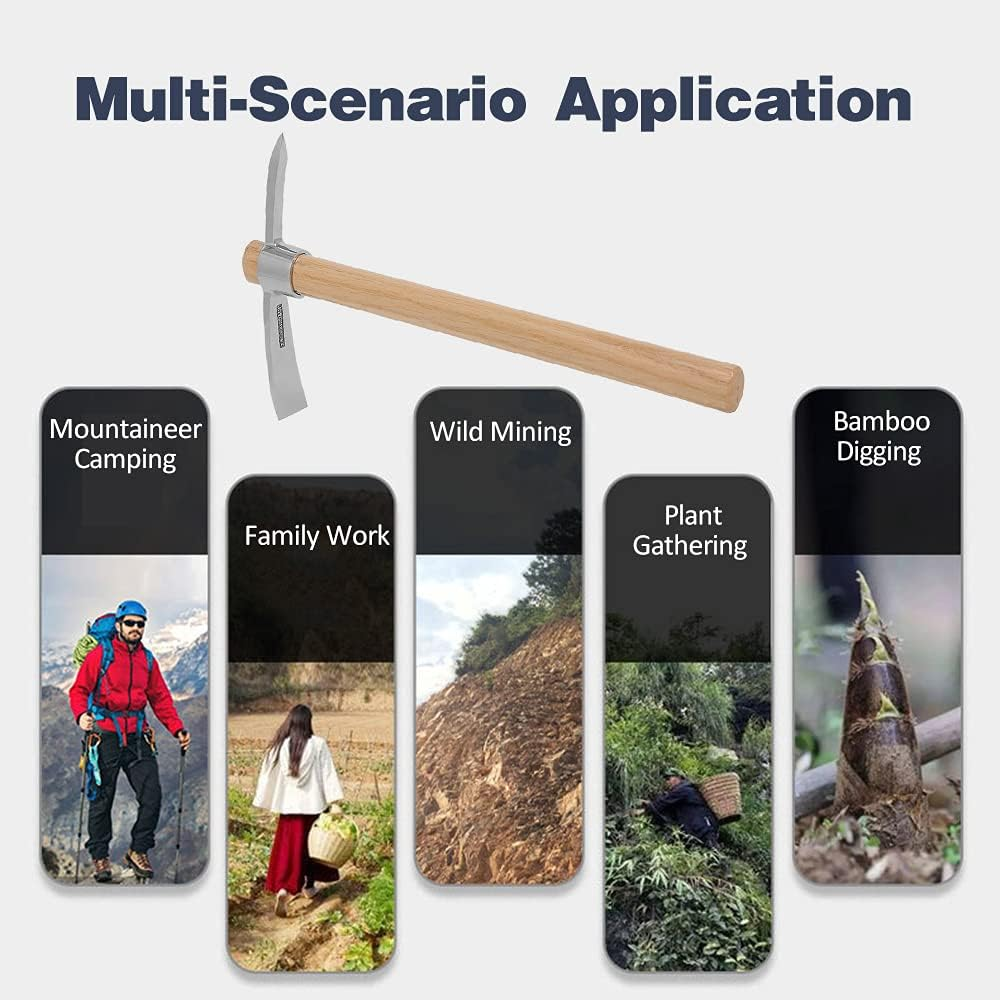 RCKEY Outdoor Camping Multifunctional Pickaxe Hoe Heavy Duty Stainless Steel Pick Axe Hand Hoe with Wooden Handle image number 3