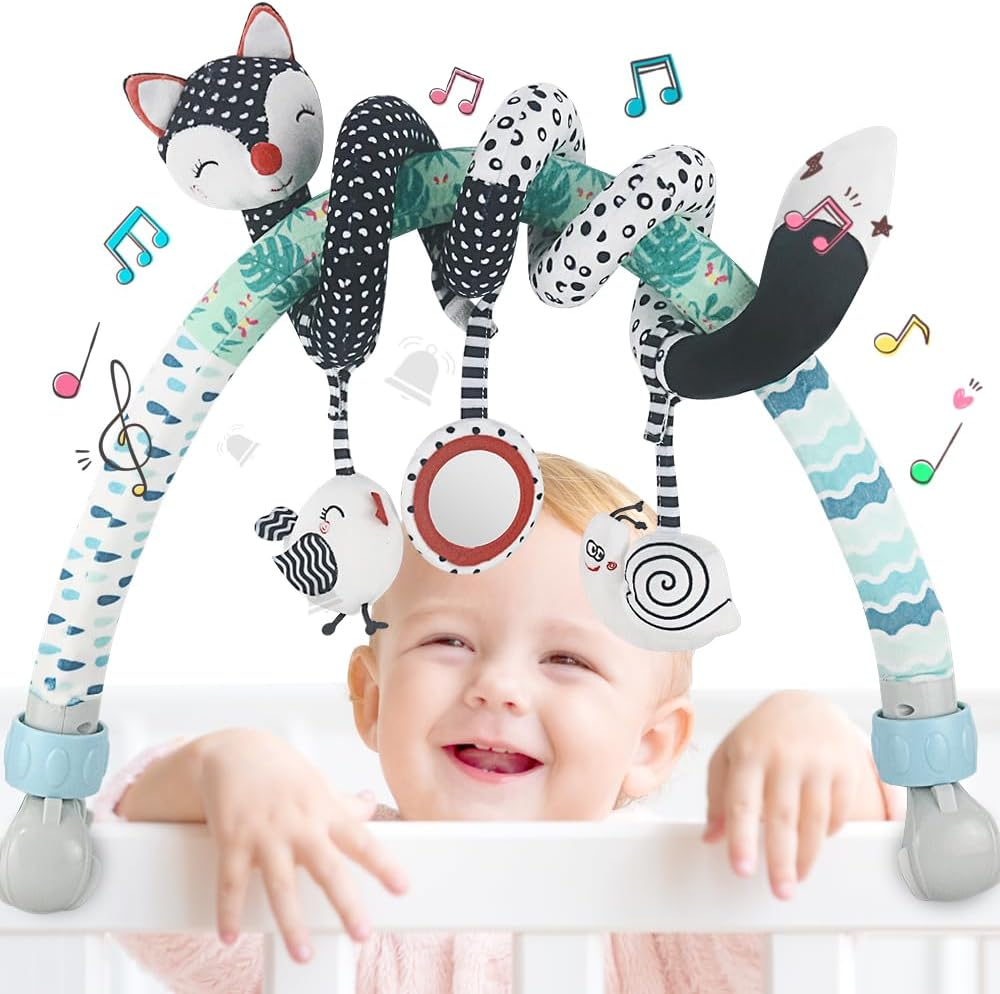Baby Arch Baby Pram Toys, High-Contrast Black & White with Stretch & Spiral Hanging Activity Set, Infant Stroller Arch Toy, 0-36 Months (Fox)