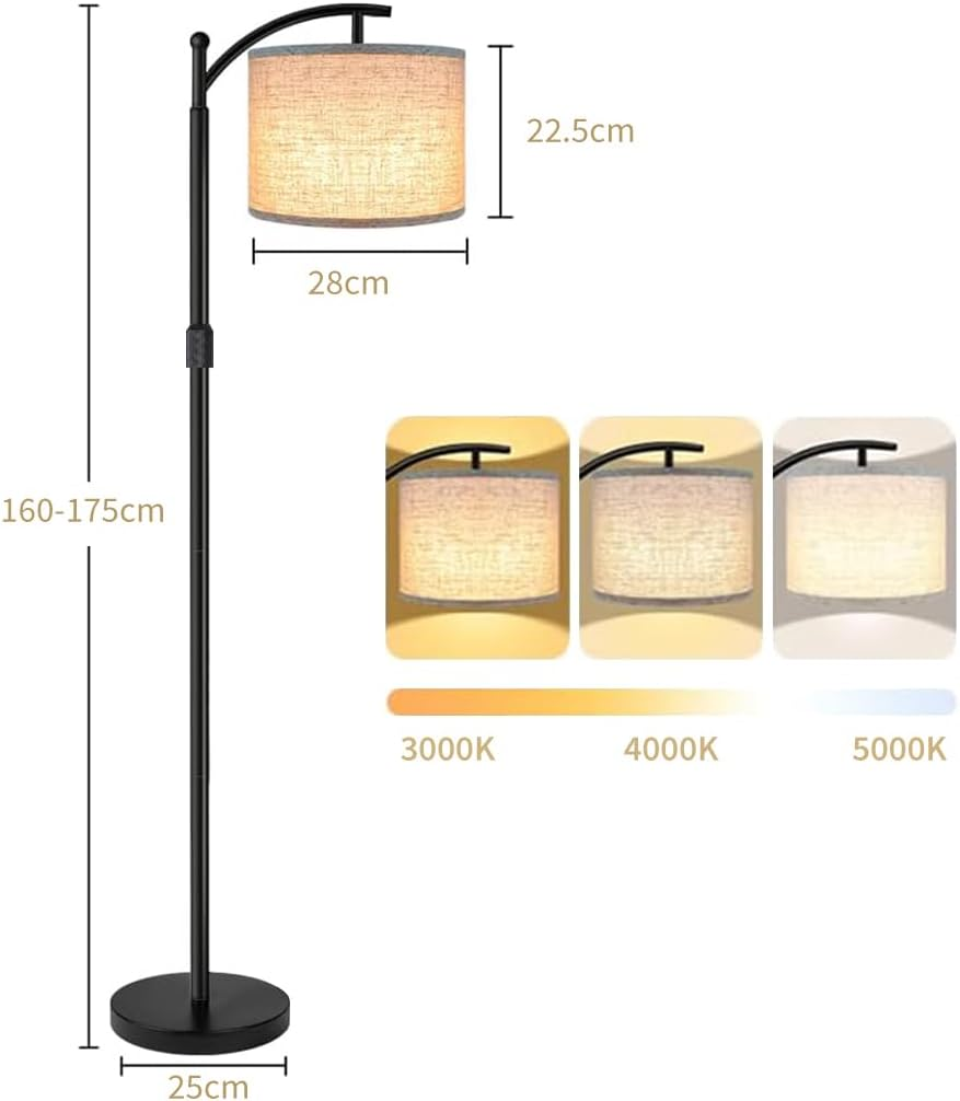 Clora Modern Arc Floor Lamp Standing Lamp with 3 Color Temperatures, 160-175Cm Adjustable Height Corner Tall Lamp with Linen Shade & 12W LED Bulb Included for Living Room Bedroom Office Dorm Reading image number 4