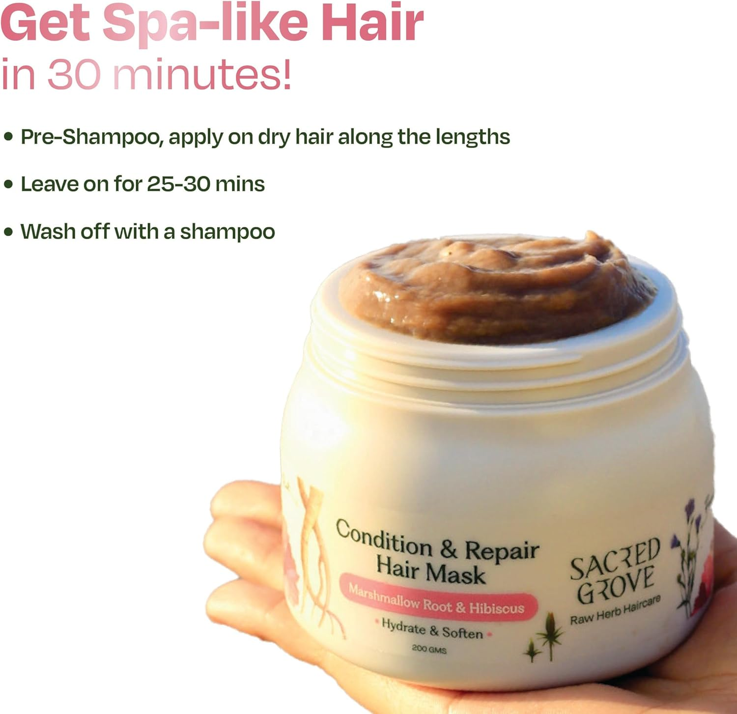 Sacred Grove Condition & Repair Pre Shampoo Hair Mask | Marshmallow Root, Hibiscus & Flaxseeds | for Dry Frizzy Hair That Hydrates Strands Naturally (200 Gm)