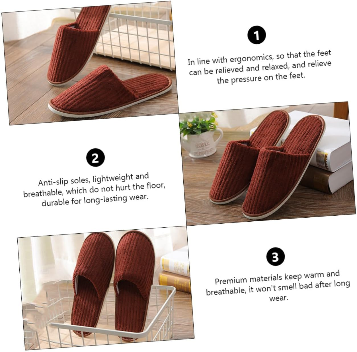 TOPPERFUN 2 Pairs Non Disposable Thick Household Slippers Coffee Color Guest Accessories Lightweight Warm Breathable Indoor Footwear for Families and Visitors image number 2