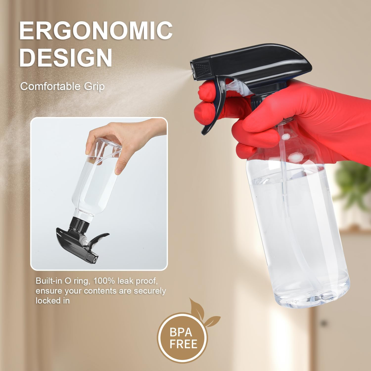 Uineko Spray Bottles 2-Pack, 10 Oz, Mist & Stream, Heavy Duty Spraying Empty Water Sprayer Bottle, BPA Free Plastic Refillable Containers for Cleaning Solutions, Plants, Hair, Essential Oils (Clear) image number 6