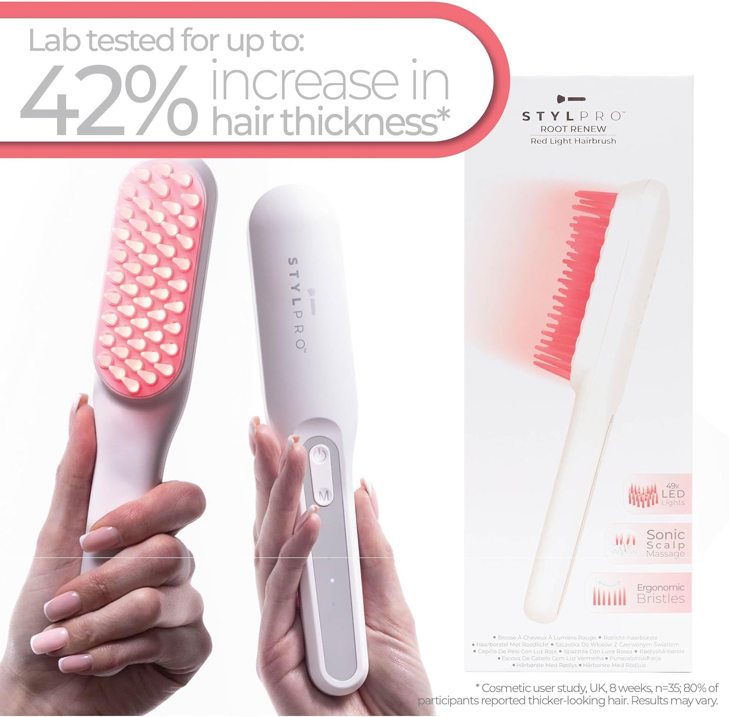 STYLPRO Red Light Hair Brush Comb, Encourages Hair Growth, Stimulates Hair Follicle, Aids in Hair Repair, 49X 655Nm Leds, Ergonomic Flexible Bristles, Rechargeable, Sonic Scalp Massage