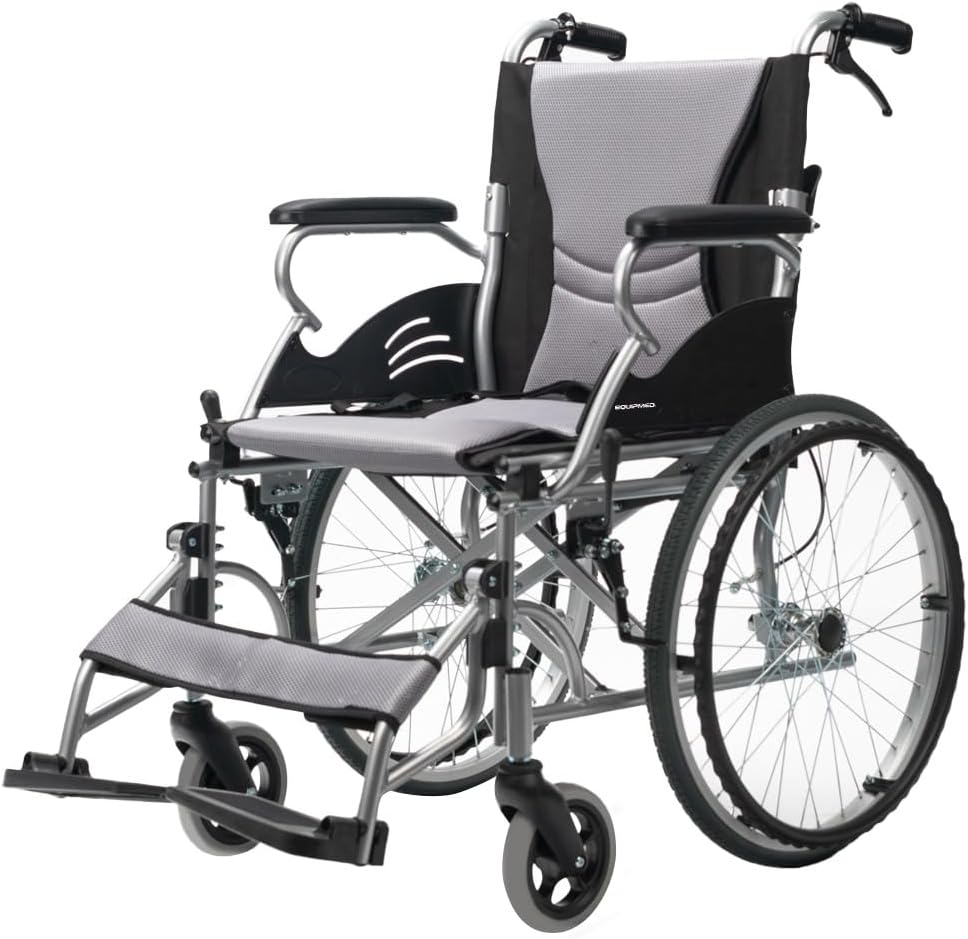 "Equipmed Folding Wheelchair 20 Inch Aluminium Portable Lightweight Wheel Chair with Park Brakes and Padded Armrests, 100Kg Capacity, Grey/Black" image number 2