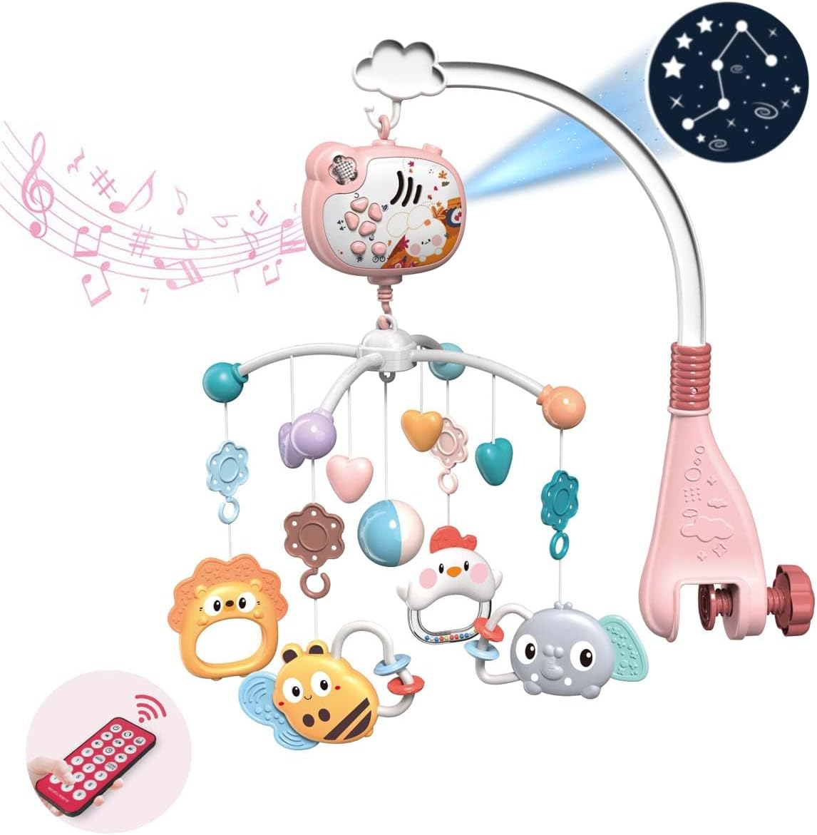 Baby Crib Mobile with Musical, Night Light ＆ Moon Star Projector, Mobile for Crib with Remote Control Timing Function, 360&deg; Rotation Crib Toys for Newborn Infant Boys and Girls(Pink) image number 1