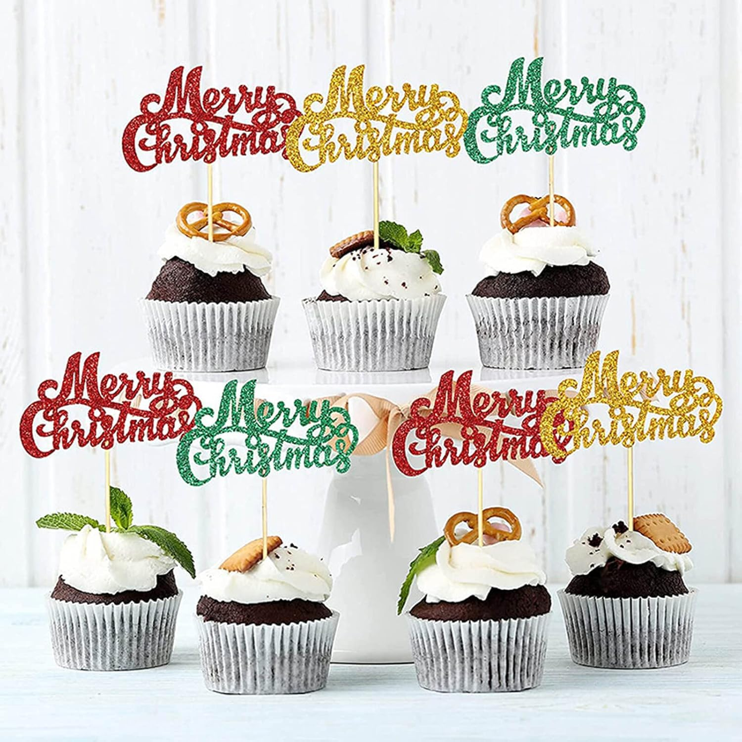 24Pcs Merry Christmas Cupcake Toppers Green Red Gold Glitter Christmas Cupcake Picks Merry Christmas Theme Happy New Year Party Cake Decorations Supplies