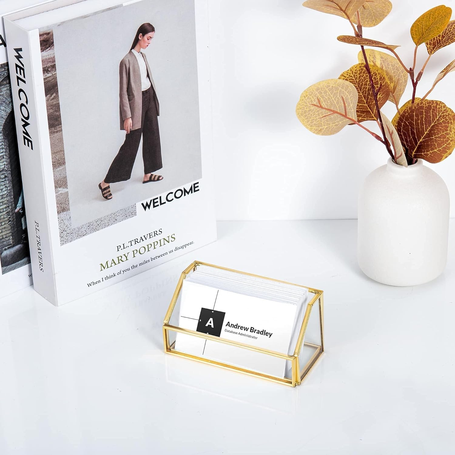 Feyarl Glass Business Card Holder Stand Gold Office Name Card Display Business Card Organizer Storage for Office Desktop Countertop (Gold) image number 1