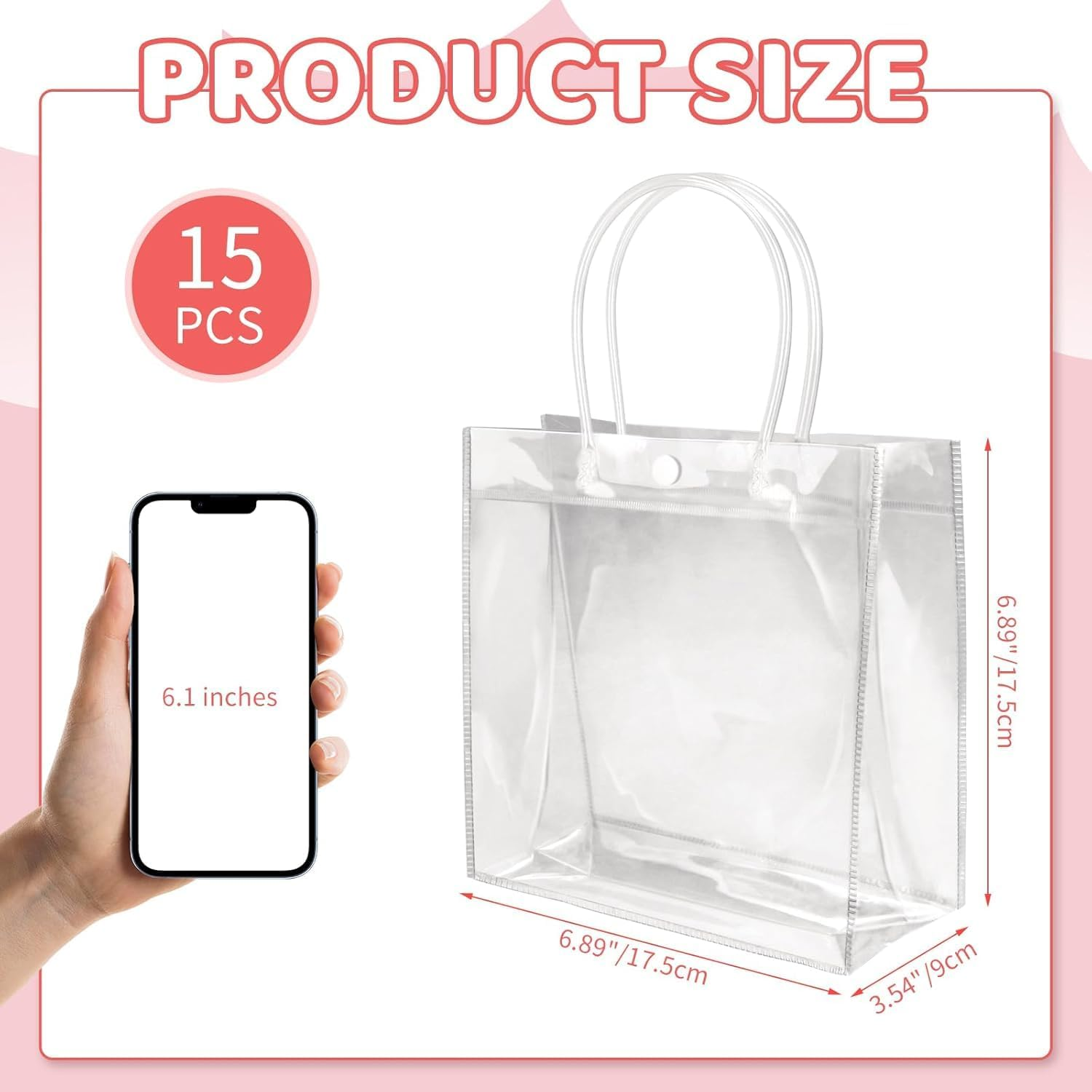 Acaiciee 15 PCS Clear Gift Bags with Handles, 6.89" X 6.89" X 3.54", Reusable Transparent Plastic Clear Gift Bags for Wedding, Birthday, Baby Shower, Party, Halloween, Christmas image number 1