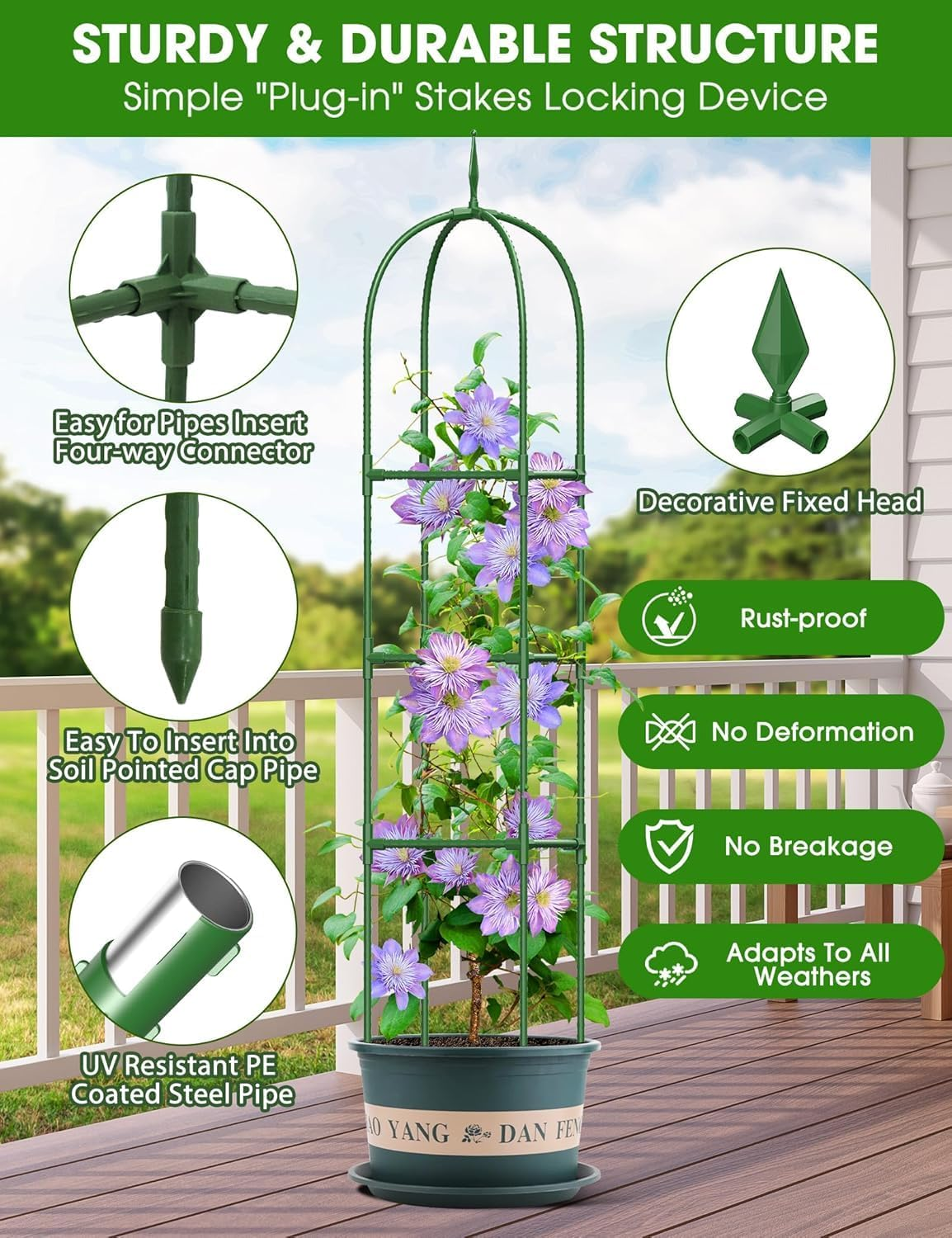 Garden Obelisk Trellis for Climbing Plants, 6FT Garden Obelisk Rustproof PE Coated Metal Potted Plant Climbing Support, Thickened Tube Plant Tower Trellis for Clematis Vine Support Indoor (2 Pack) image number 6