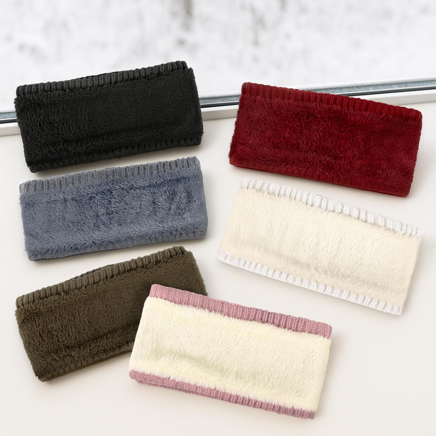 TOPTIE 2 Pcs Ear Muffs Headbands for Winter Women, White Knit Thick Ear Warmers Fleece Headband Lined Furry Cable Head Wrap - Black image number 4