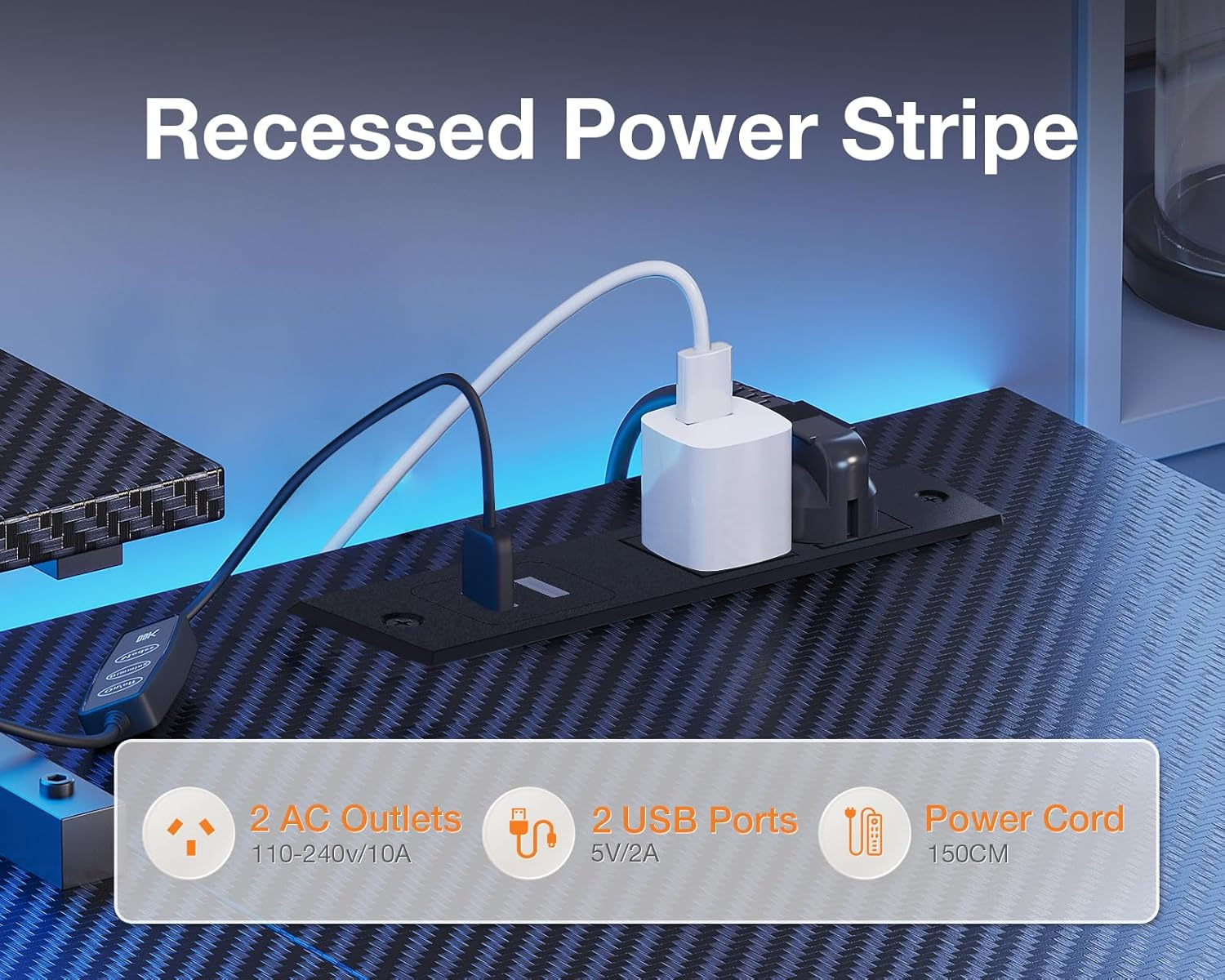 ODK Gaming Desk with Power Outlet&10 Color LED Light Strip, 120 * 80 * 87.7Cm, L Shaped Desk with Storage Bag and 2 Shelves, Computer Table with Monitor Stand, Carbon Black Fiber - White image number 4