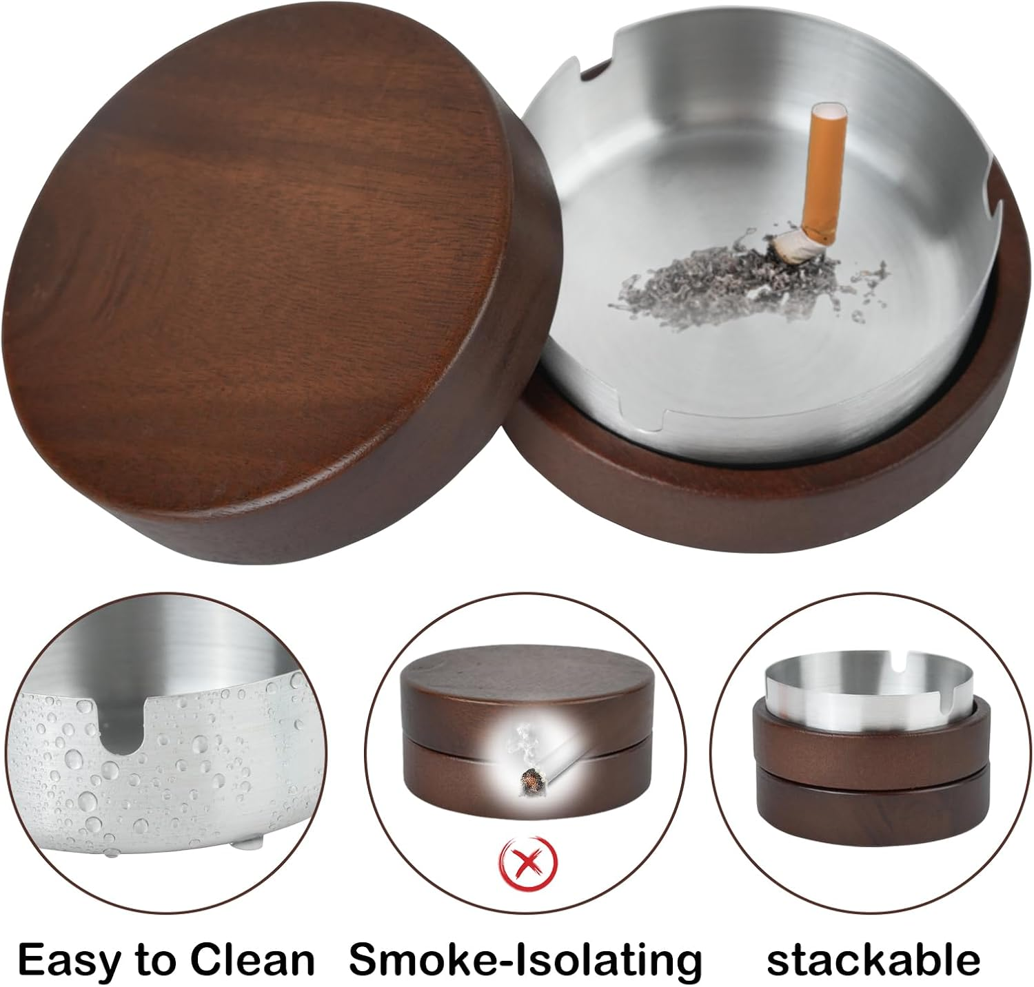 Zoyiancy 2Pcs Wooden Ashtray with Lid, Cute Windproof Ashtrays for Cigarette, Stainless Steel Liner Ash Tray for Man Indoor Outdoor Parties Balcony Office Home image number 1
