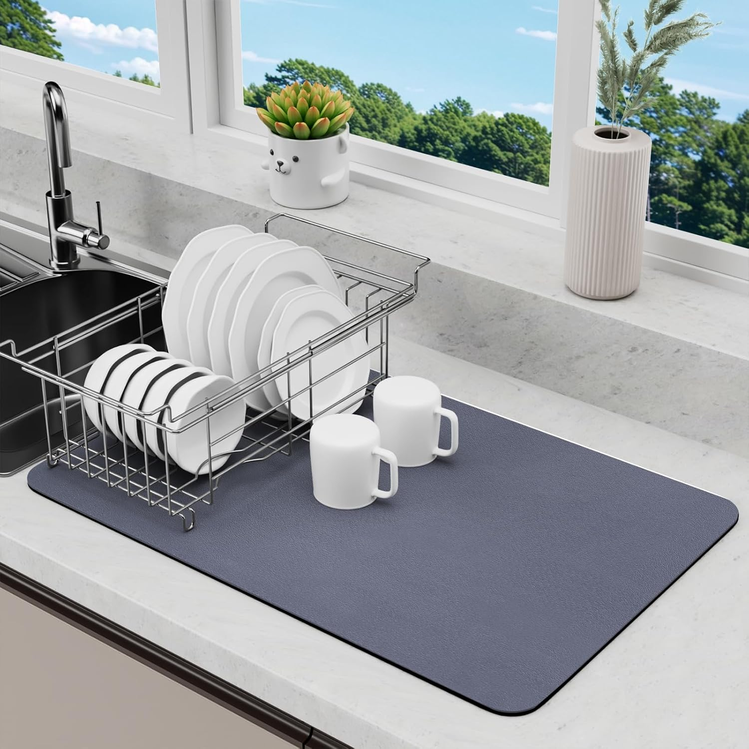 Dish Drying Mat for Kitchen Counter, Dish Drying Pad with Non-Slip Rubber Backed, Hide Stain anti Absorbent for Kitchen Counter (Grey, 60 X 40 Cm)