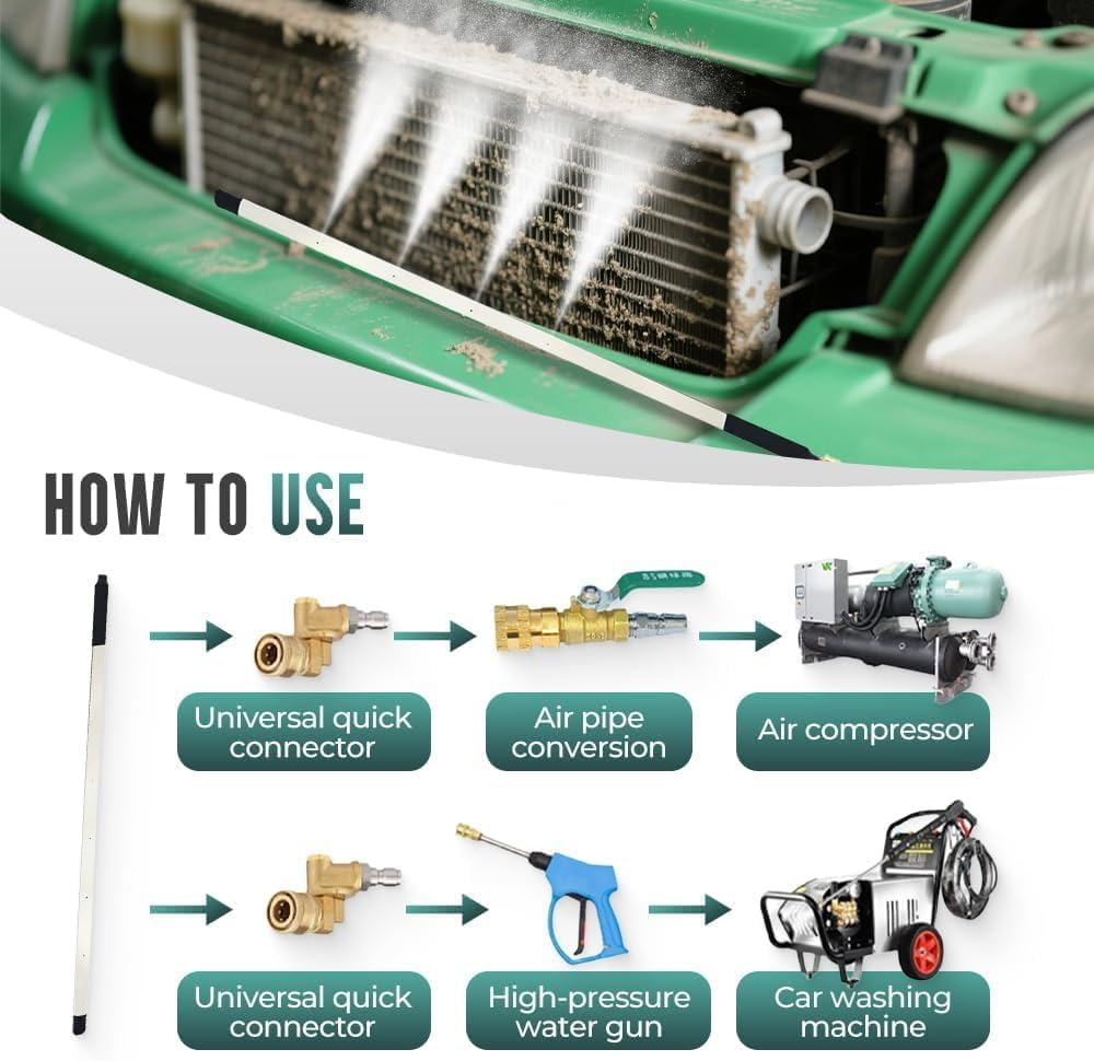 24 Portable Radiator Cleaning Wand, 4500 PSI Radiator Cleaner Tool, Pressure Washer Attachment for Car Truck RV Flush with Water/Air, Gutter & Heater Wash Blower Hose Coolant Sprayer Gun Fin Brush Kit image number 2