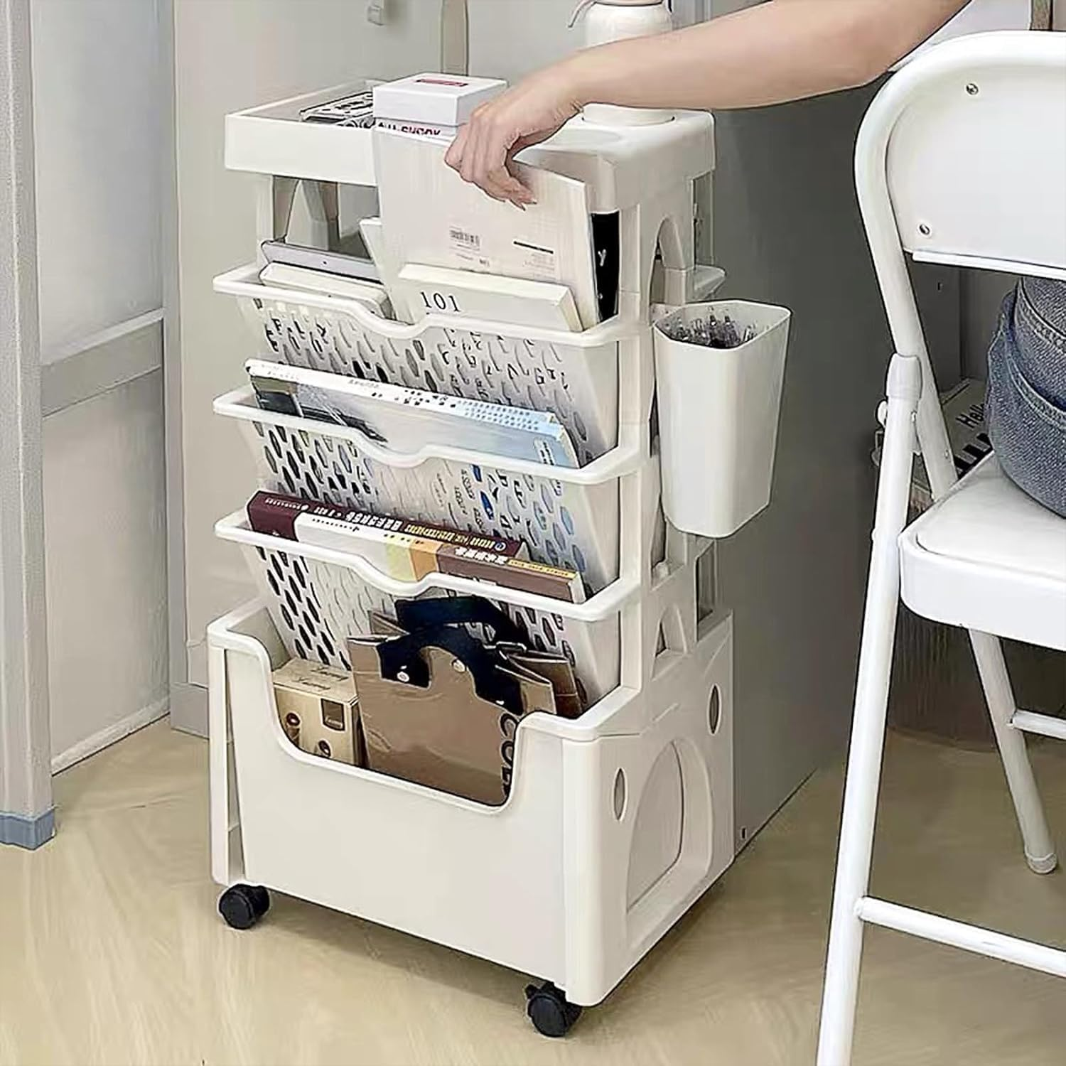 Uandhome 5 Tier Book Rack Storage Bookshelf, Removable Movable Unique Bookcase, Utility Organizer White Bookshelves Cart with Wheels for Students Study in Living Room Home Classroom School image number 4