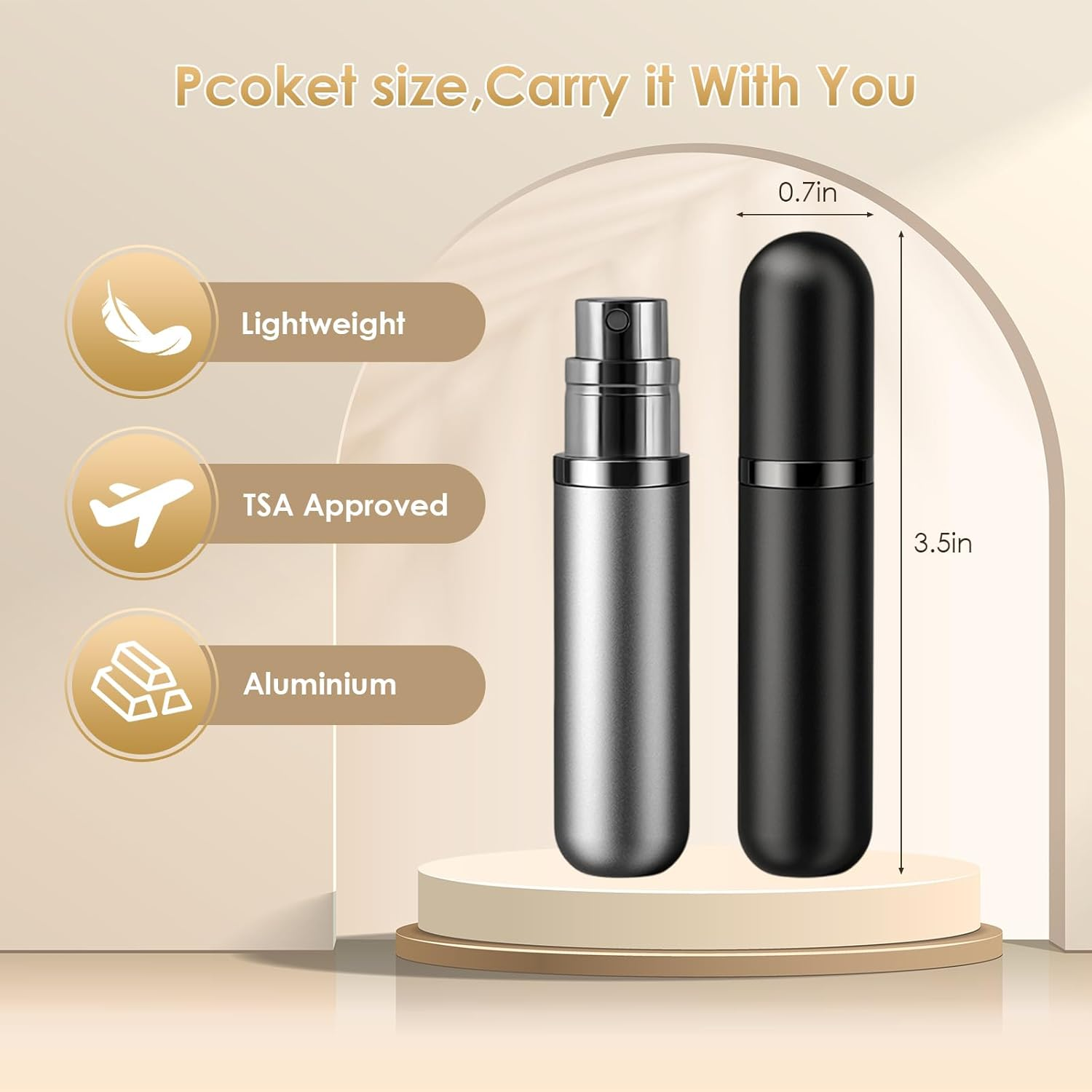 JOOMOKO Perfume Atomiser, Perfume Travel Bottle 5Ml Atomiser Spray Bottle, Refillable & Travel Size Perfume Spray Bottle Easy to Refill Cologne Dispenser for Women and Men（Black＆Grey） - Black＆Gold image number 2