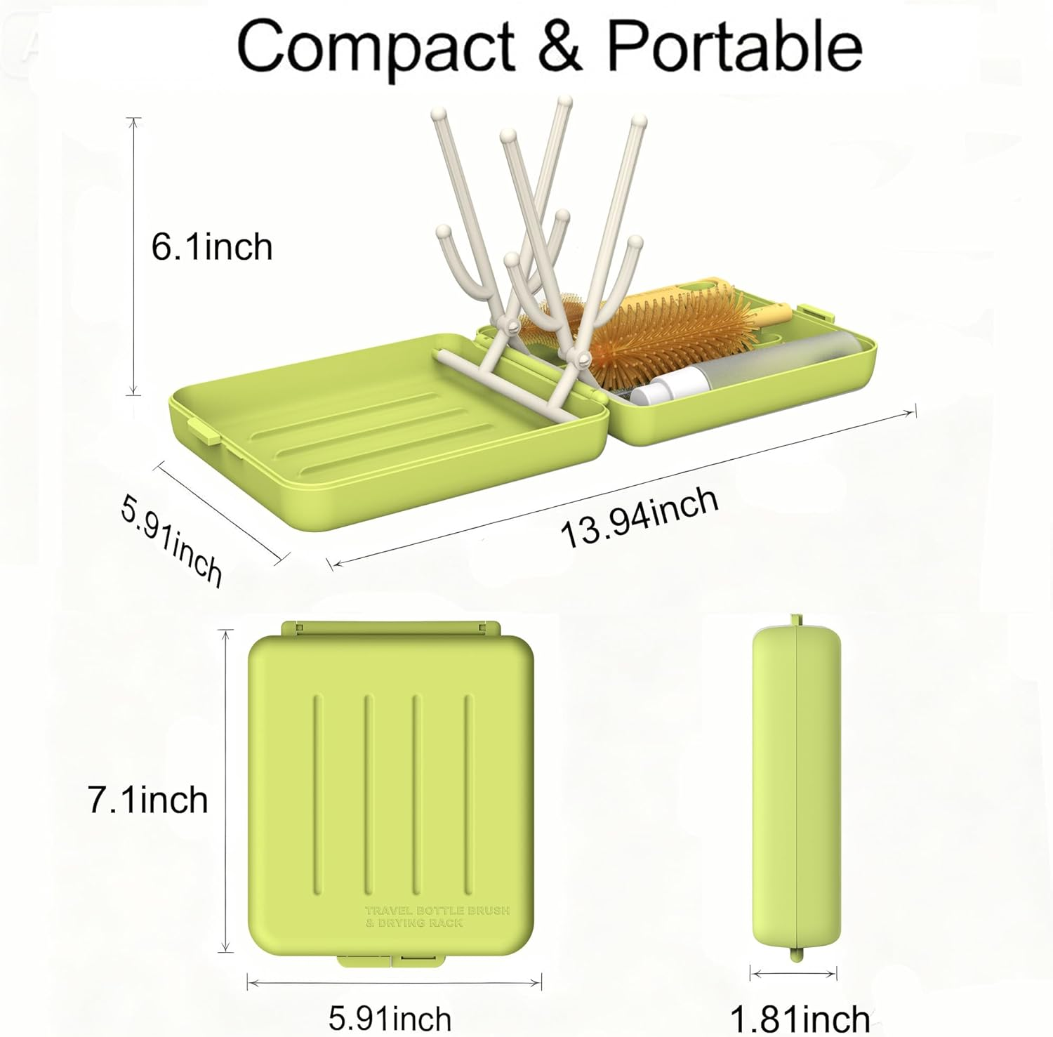 Zoltrax Bottle Brush Set,Baby Bottle Cleaner Kit,Nipple Brush, Straw Brush, Soap Dispenser, Drying Rack and Travel Storage Case,6 in 1 Bottle Cleaning Baby Essential Tool for Home and Travel (Green) - Green image number 3
