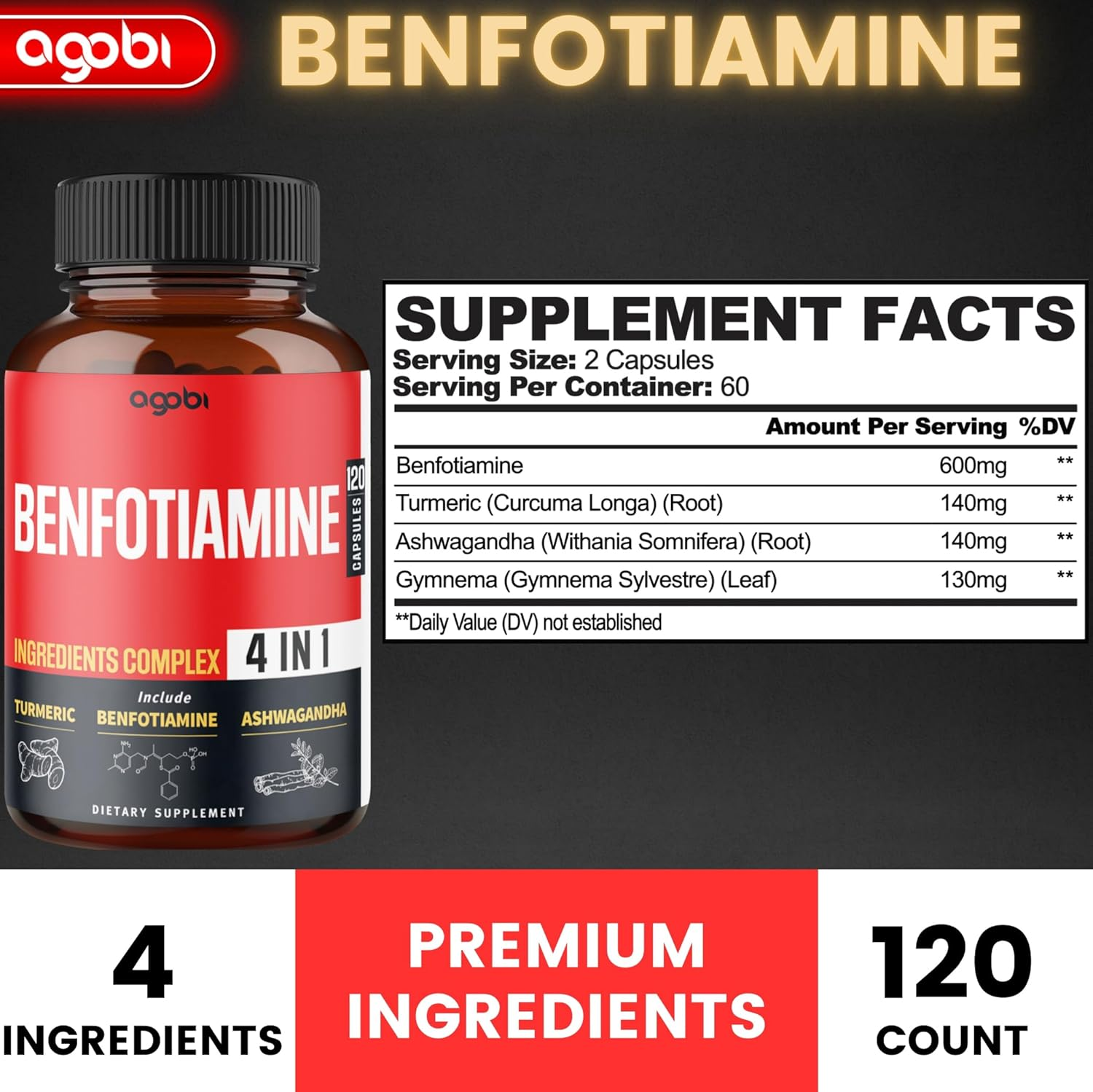 4In1 Benfotiamine Supplement - 2 Month Supply - plus Turmeric Curcumin Root, Ashwagandha Root & Gymnema Sylvestre - 120 Veggie Capsules image number 3