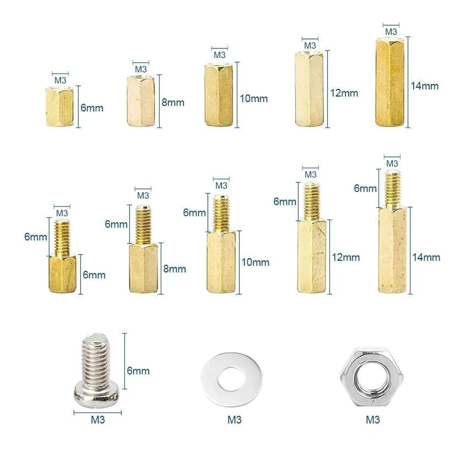 910Pcs/Set Male Female Hex Brass Standoff Spacer Kit Brass Standoff Spacer Kitwith Screw Nut and Washer PCB Motherboard Standoff Assortment Kit image number 6