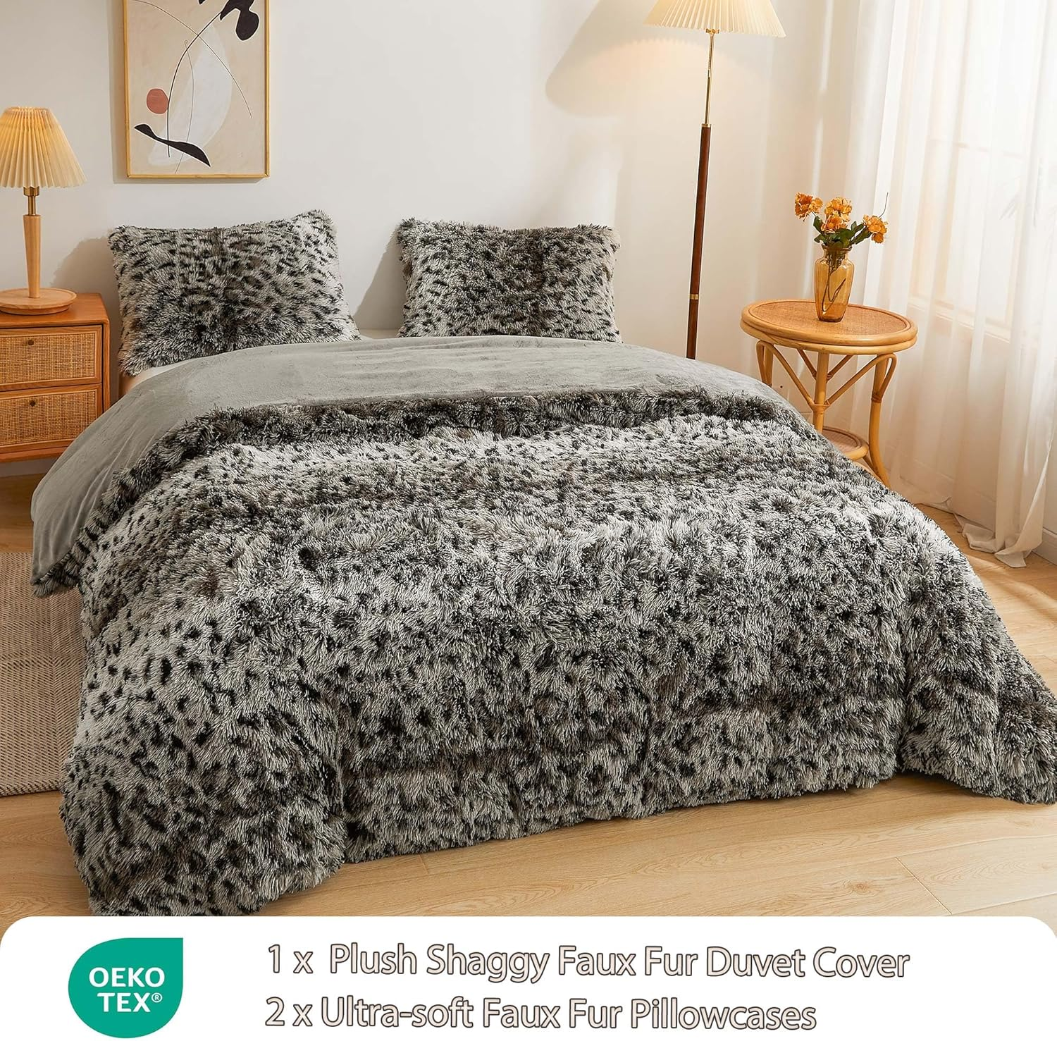 LIFEREVO Cheetah Print Faux Fur Duvet Cover Fluffy Bedding Set, 3 Pieces Soft Plush Fuzzy Comforter Cover Set(1 Shaggy Comforter Cover+2 Furry Pillowcases), Zipper Closure(Queen, Leopard Print Grey) image number 6